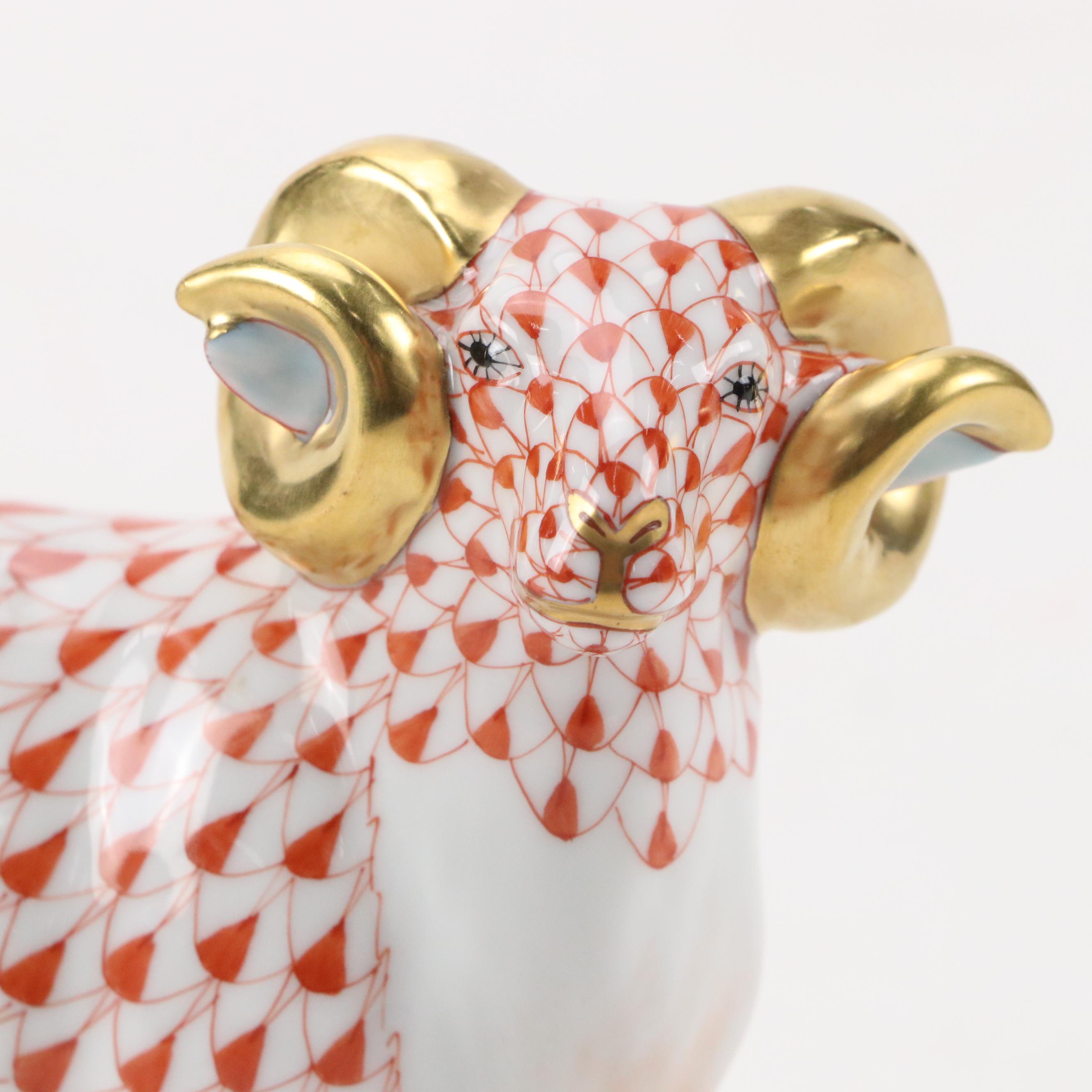 Herend Rust Fishnet with Gold "English Ram" Porcelain Figurine