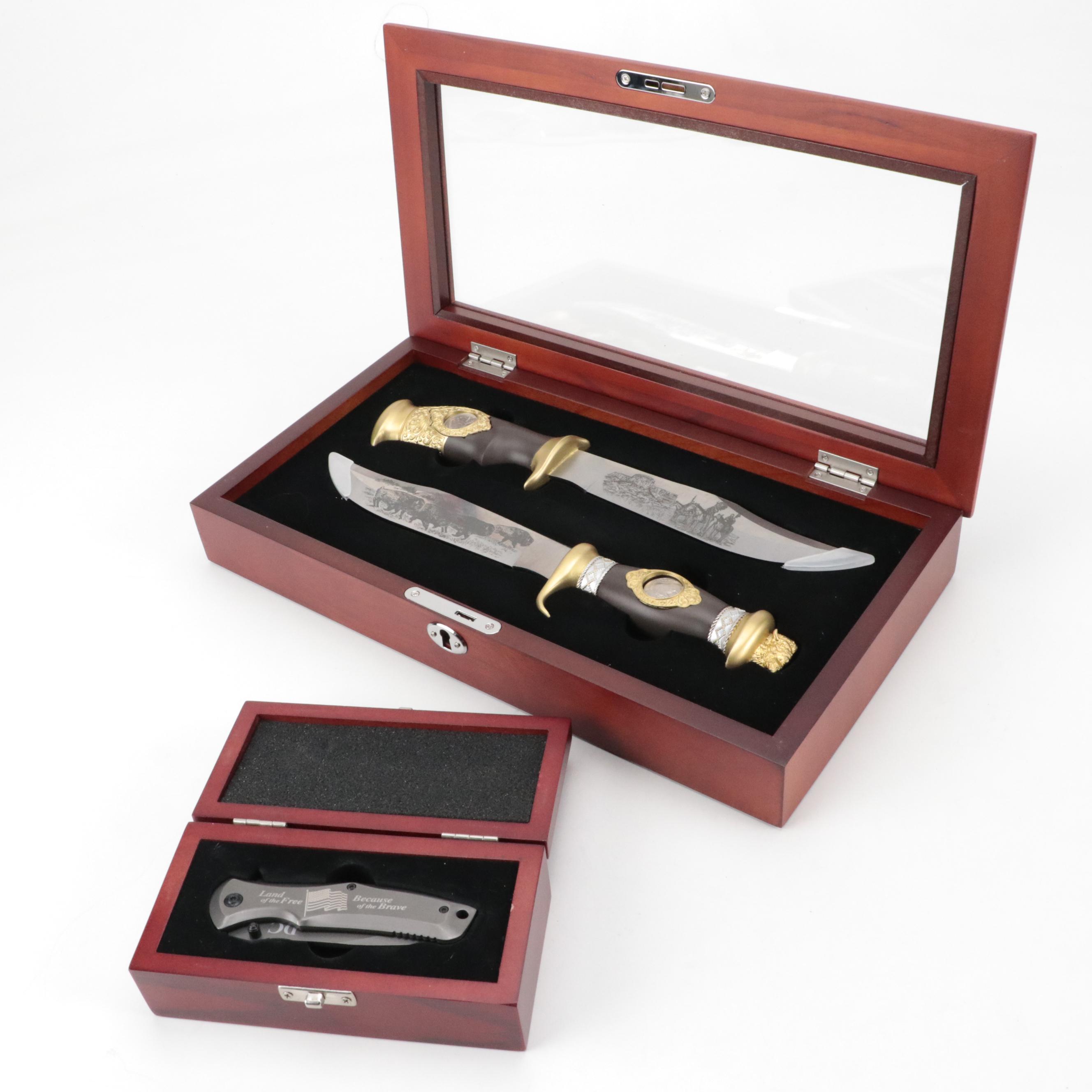 Danbury Mint Collectors Bowie Knife Pair in Display with Patriotic Folding Knife