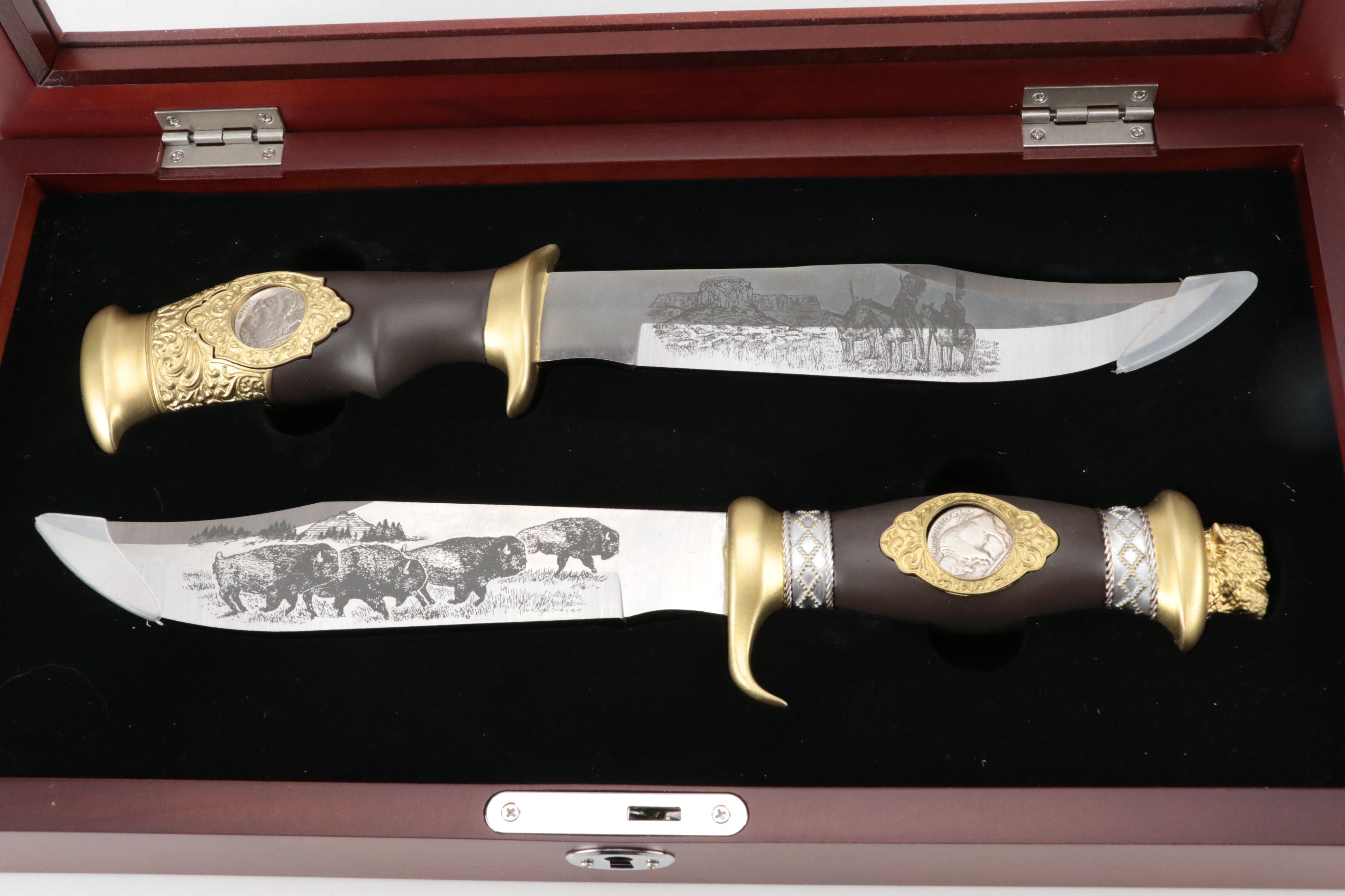 Danbury Mint Collectors Bowie Knife Pair in Display with Patriotic Folding Knife