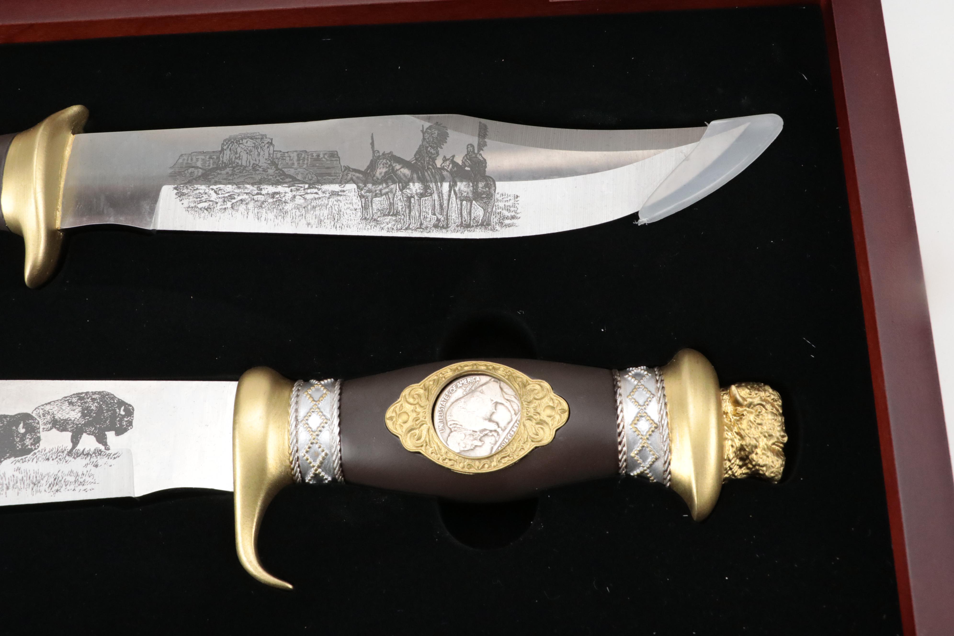 Danbury Mint Collectors Bowie Knife Pair in Display with Patriotic Folding Knife