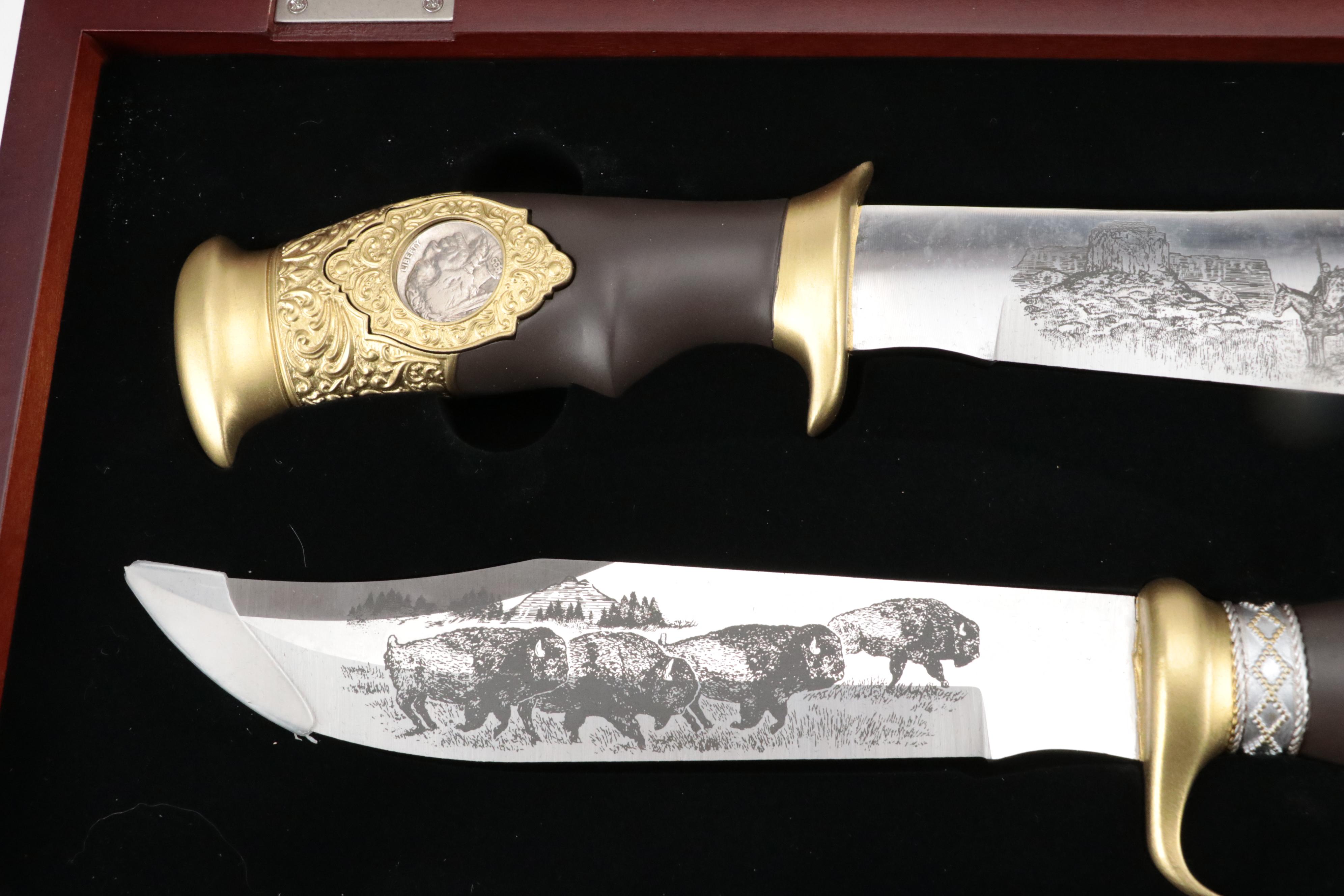 Danbury Mint Collectors Bowie Knife Pair in Display with Patriotic Folding Knife