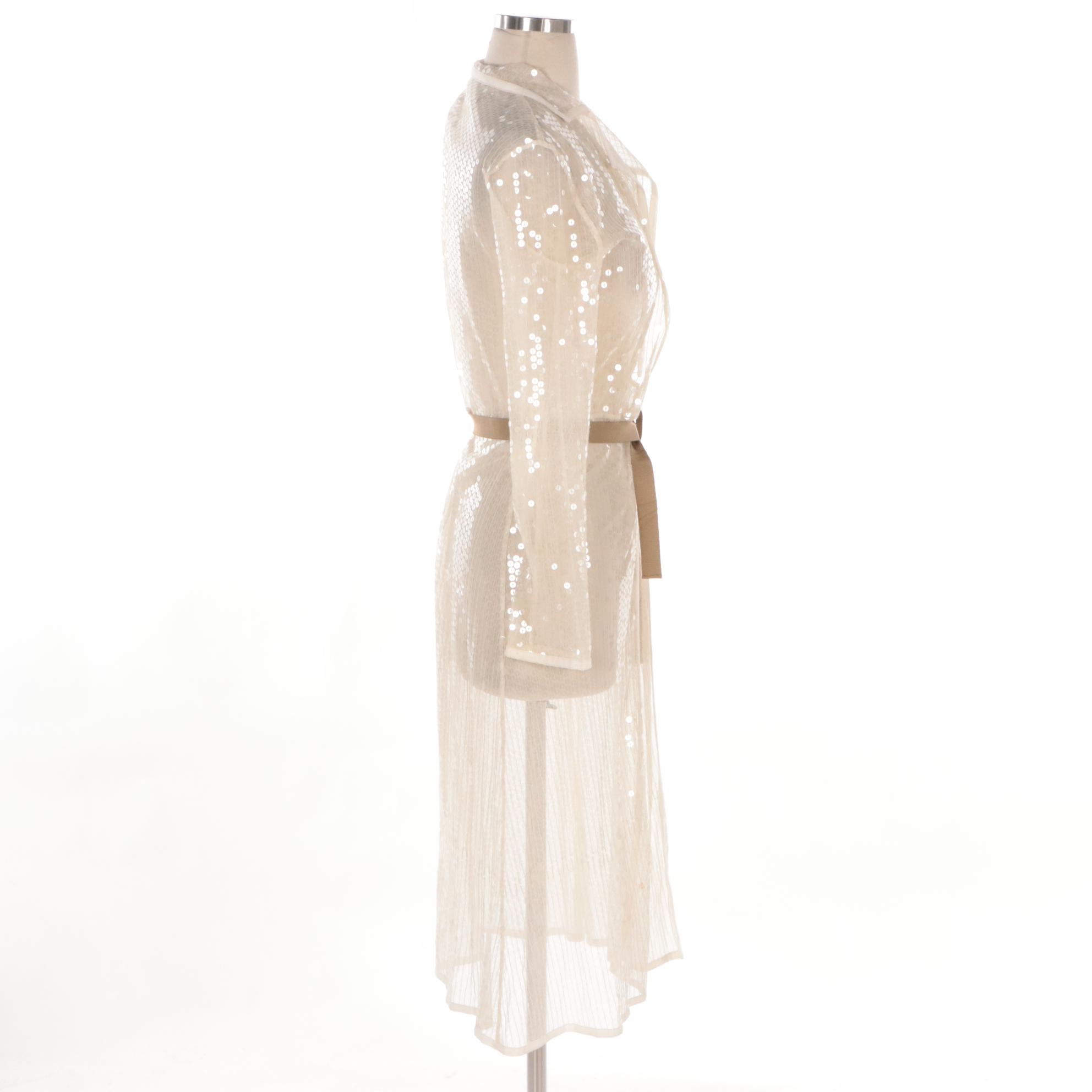 Prada Sheer Sequin Embellished Cotton Belted Maxi Blouse