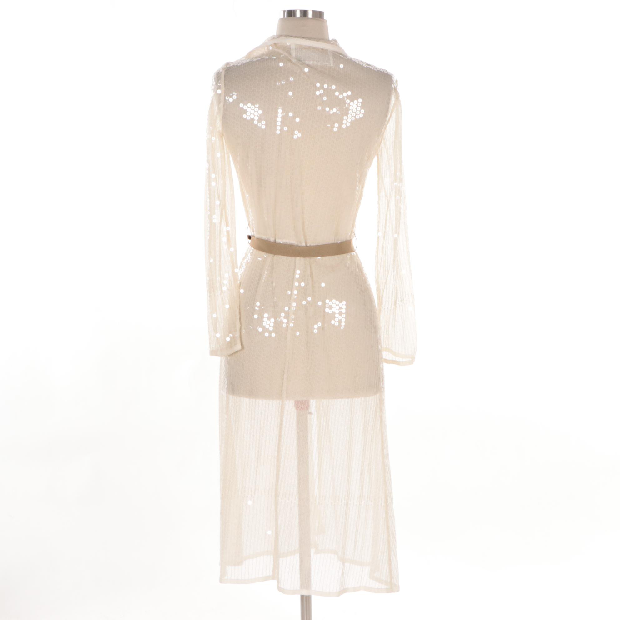 Prada Sheer Sequin Embellished Cotton Belted Maxi Blouse