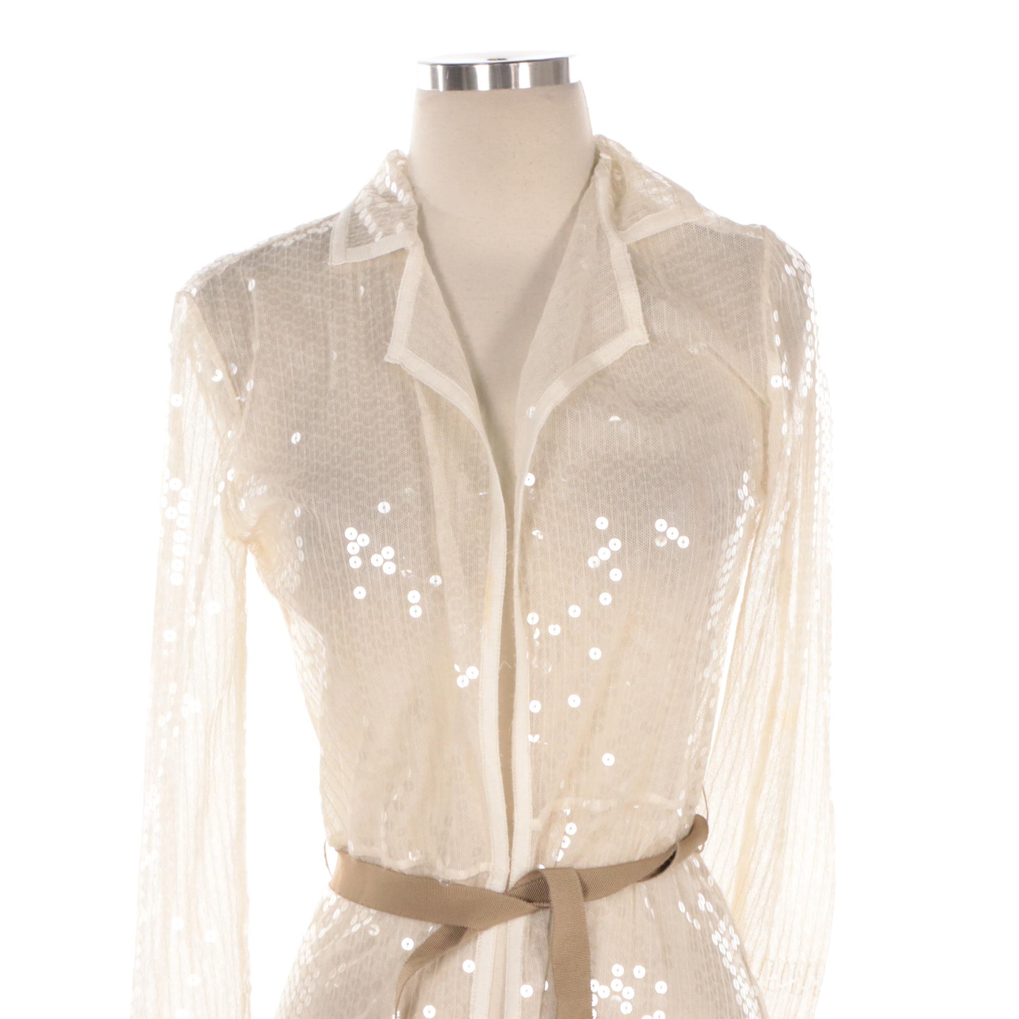 Prada Sheer Sequin Embellished Cotton Belted Maxi Blouse