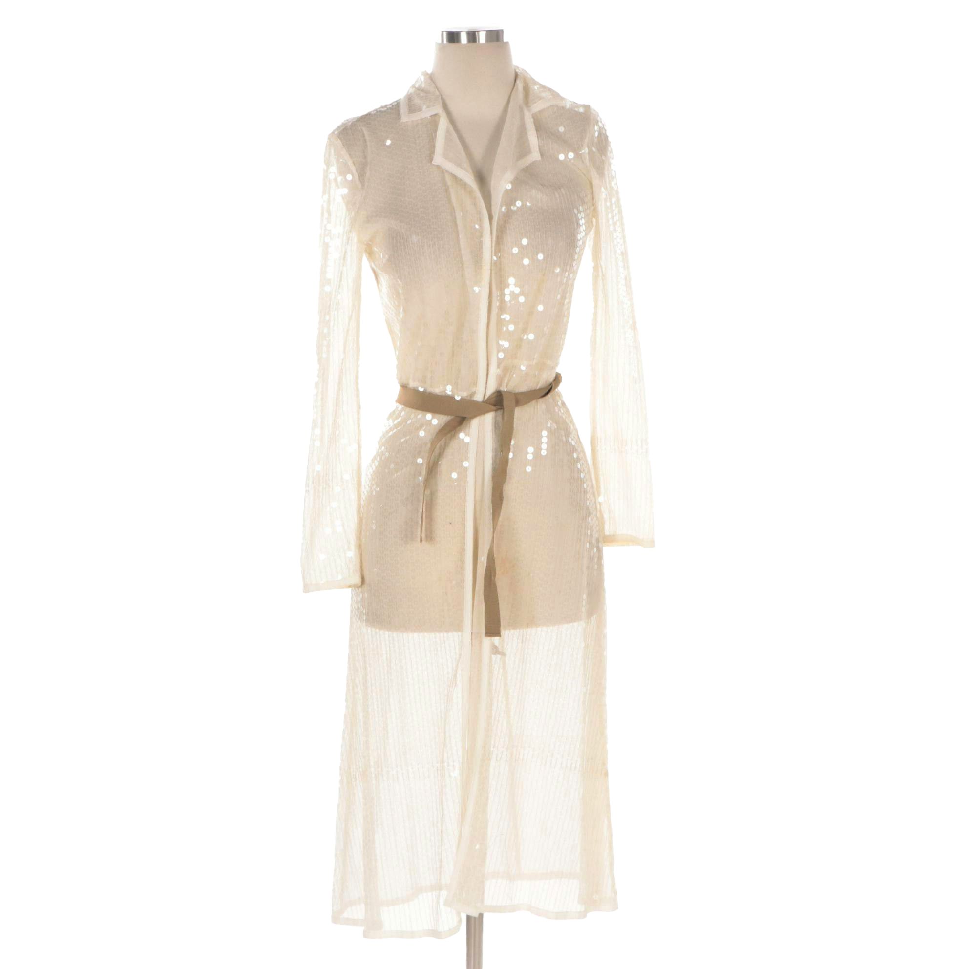 Prada Sheer Sequin Embellished Cotton Belted Maxi Blouse