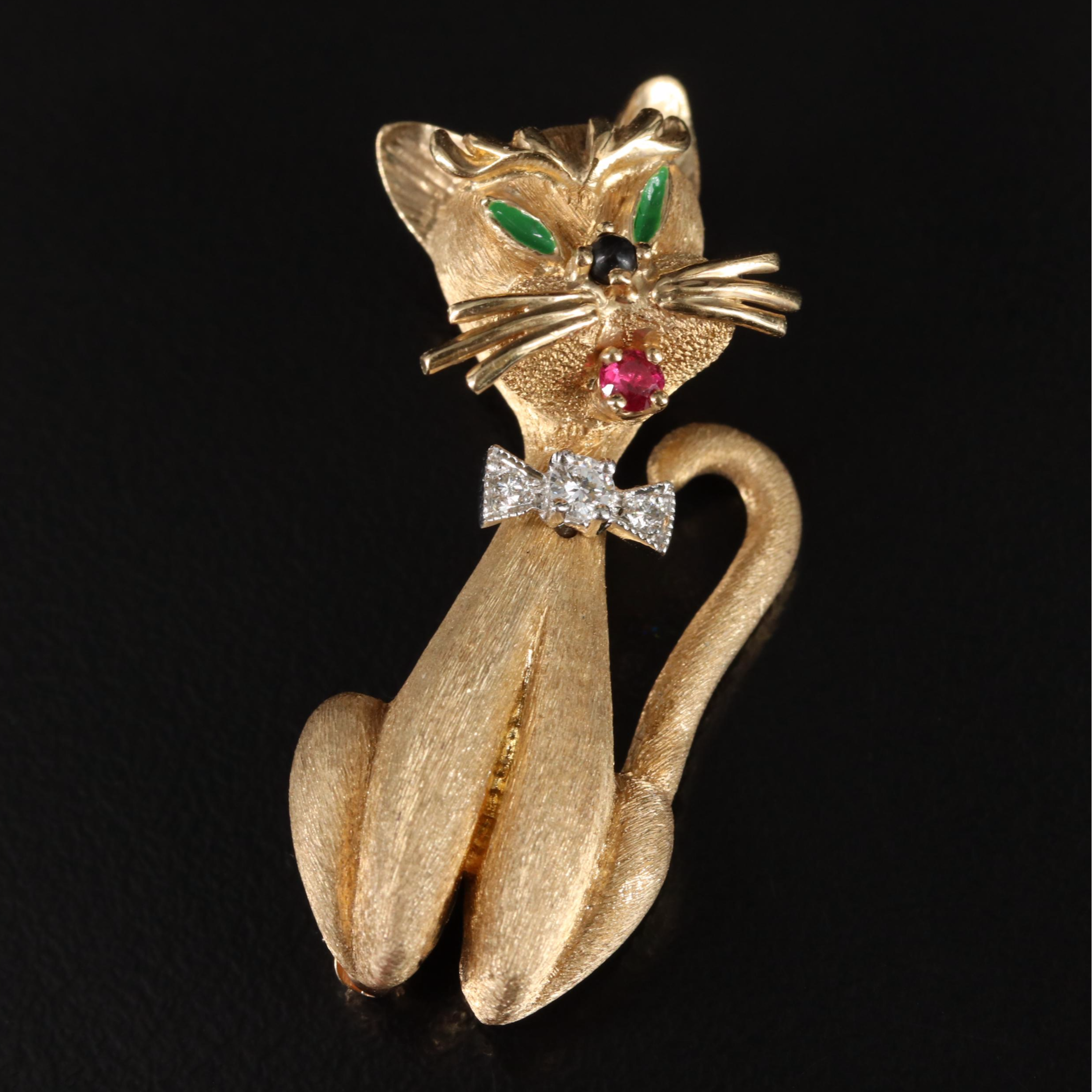 Dan Frere 14K Diamond, Ruby, Black Onyx and Enamel Cat Pin/Brooch