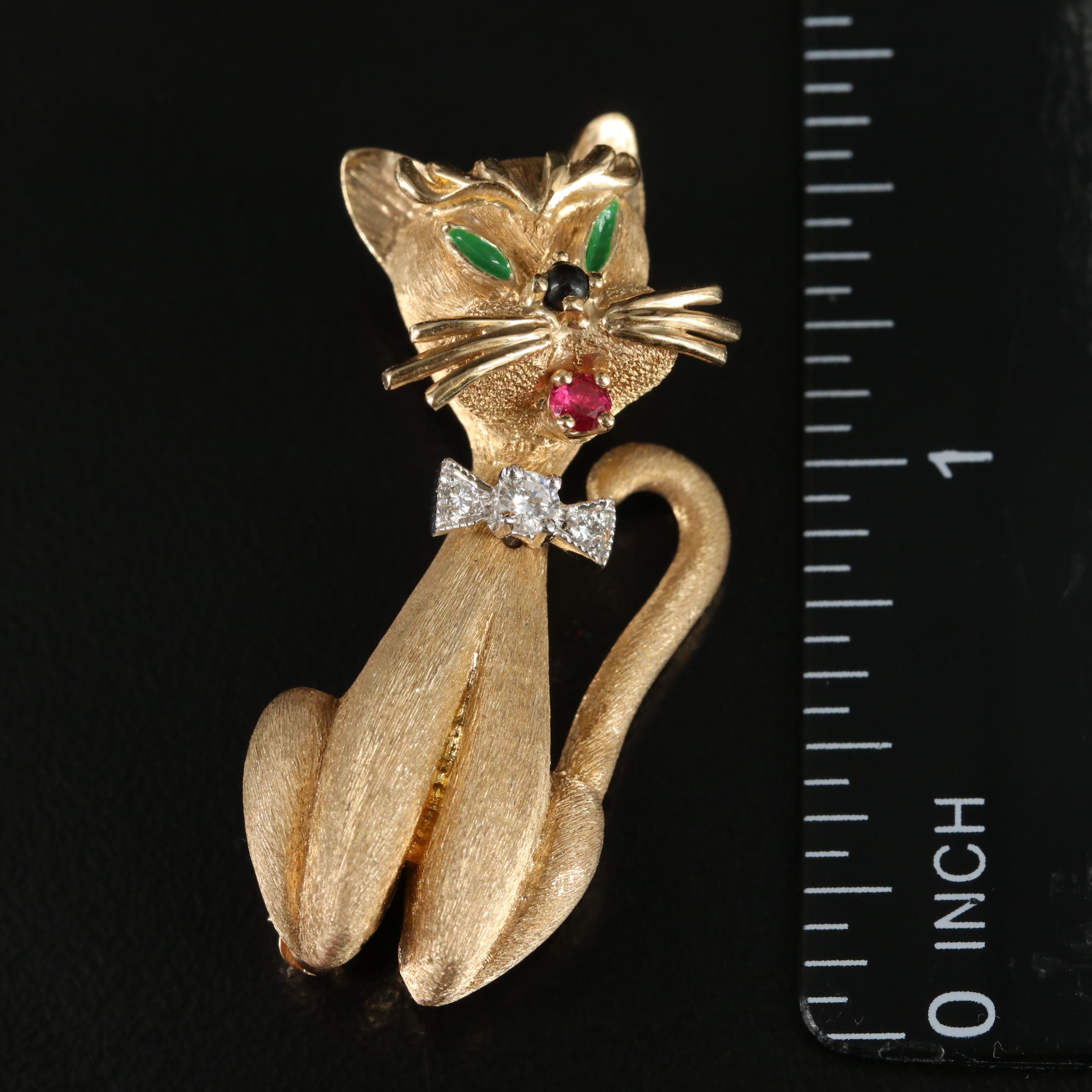 Dan Frere 14K Diamond, Ruby, Black Onyx and Enamel Cat Pin/Brooch