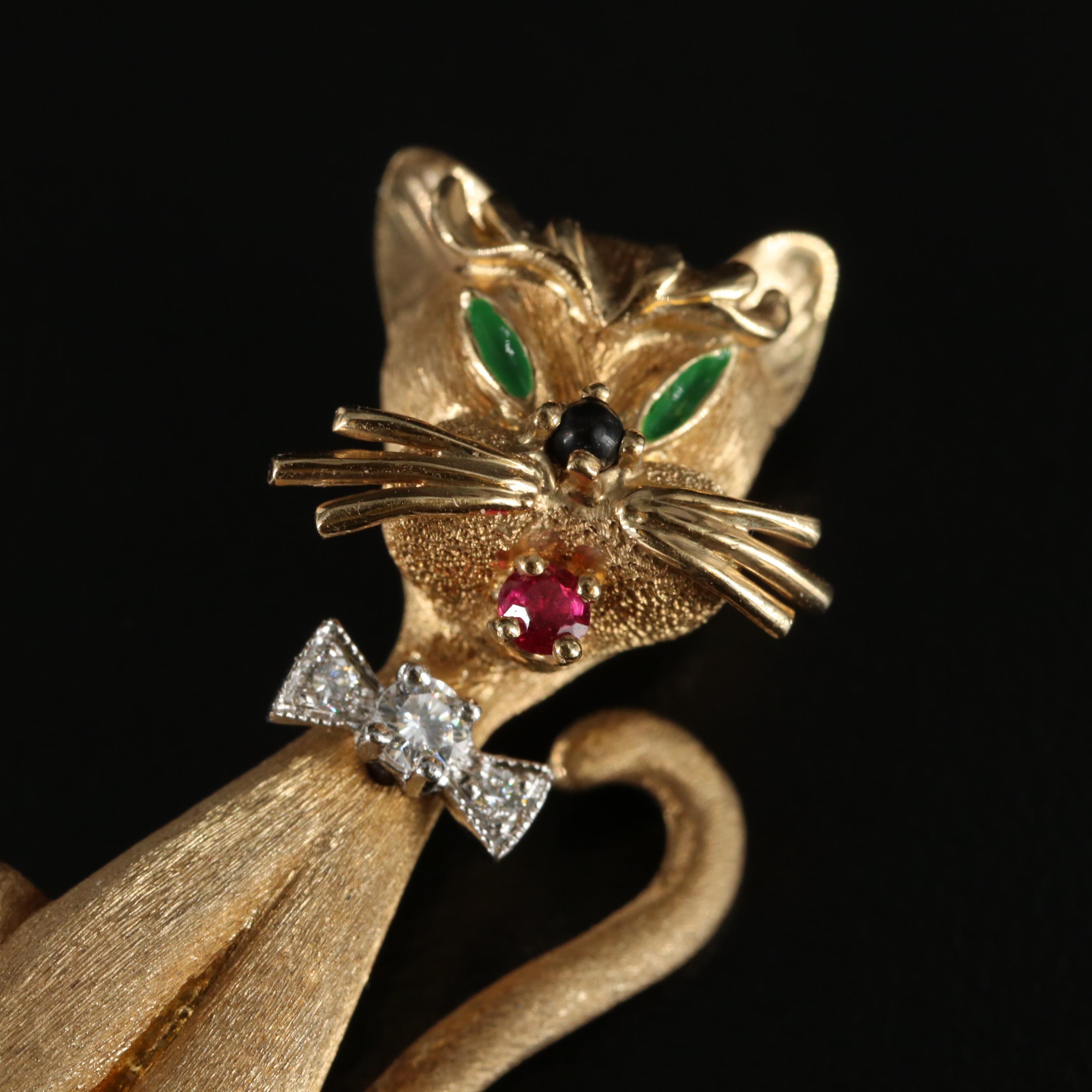 Dan Frere 14K Diamond, Ruby, Black Onyx and Enamel Cat Pin/Brooch