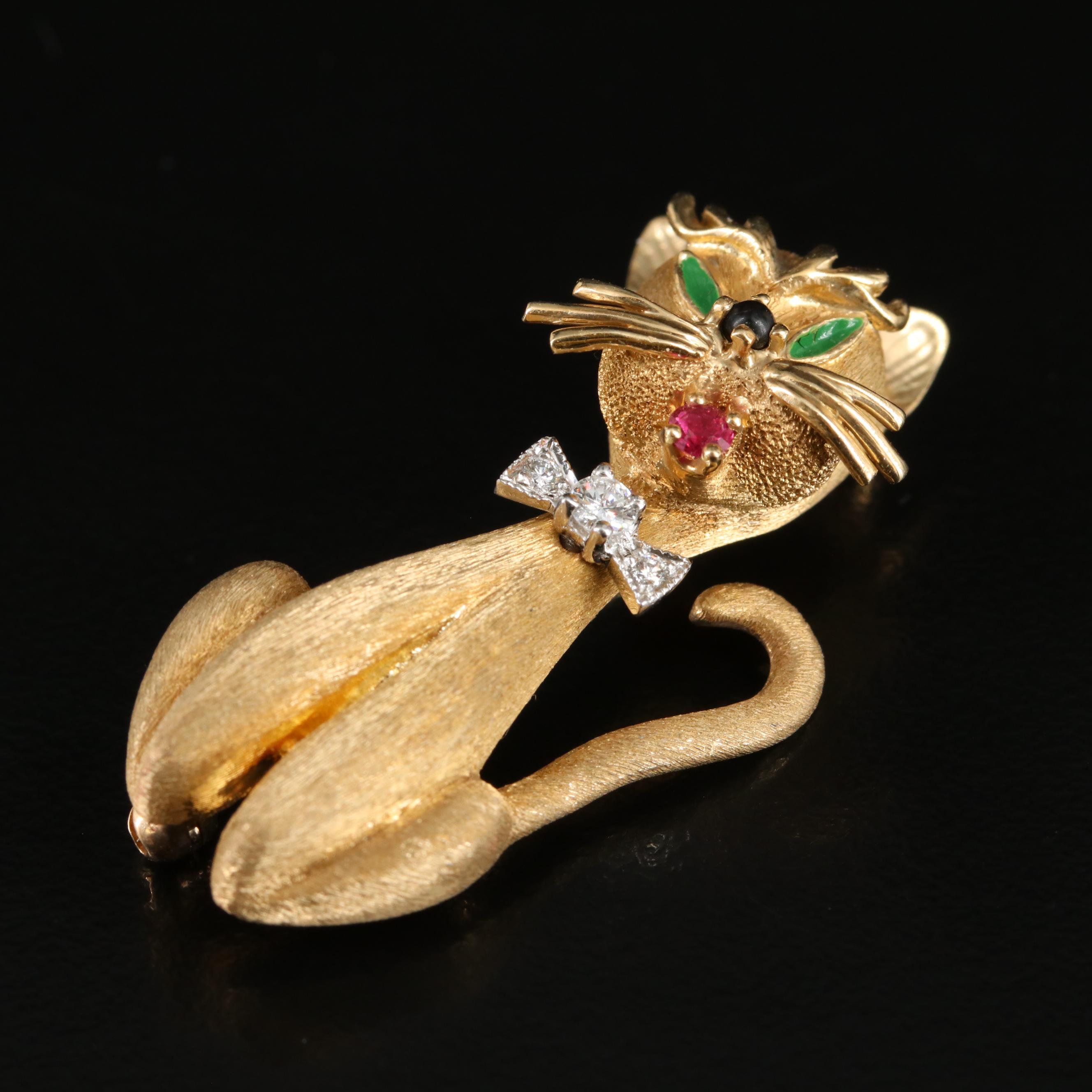 Dan Frere 14K Diamond, Ruby, Black Onyx and Enamel Cat Pin/Brooch