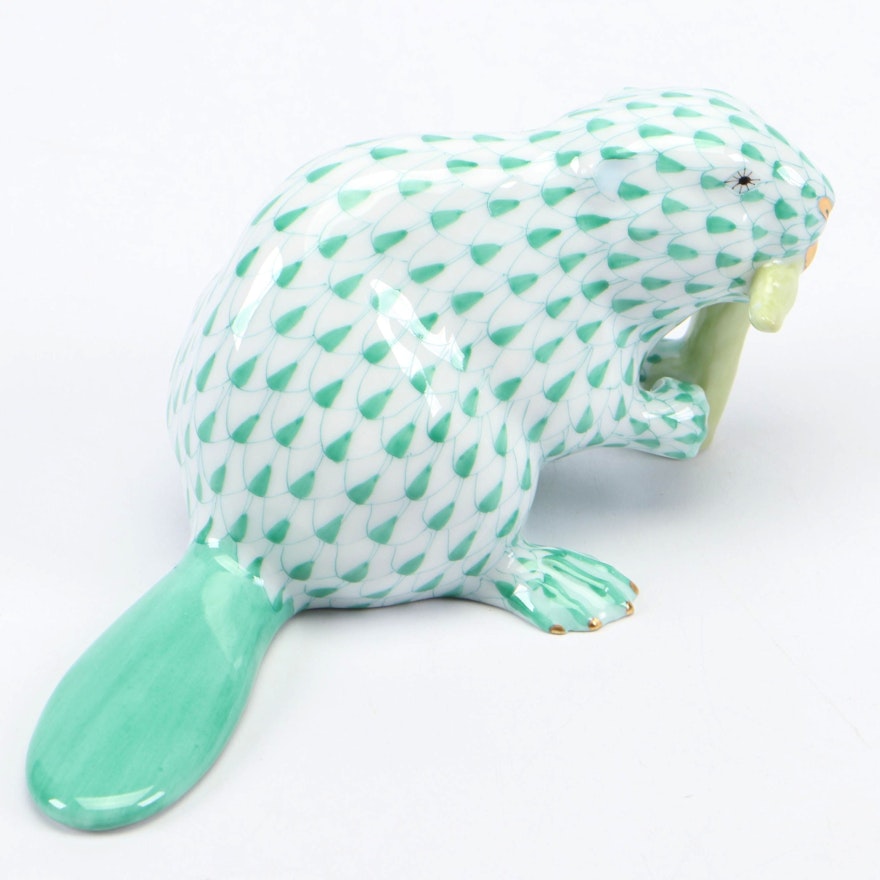 Herend Green Fishnet with Gold "Beaver" Porcelain Figurine