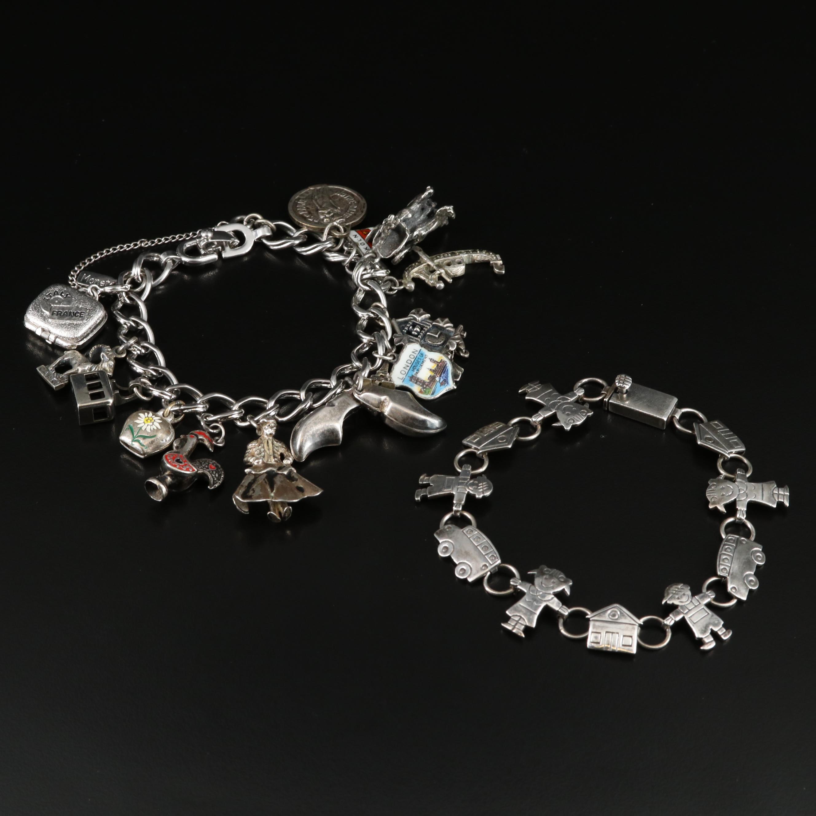 Vintage Travel Charm Bracelet Including Sterling and Enamel