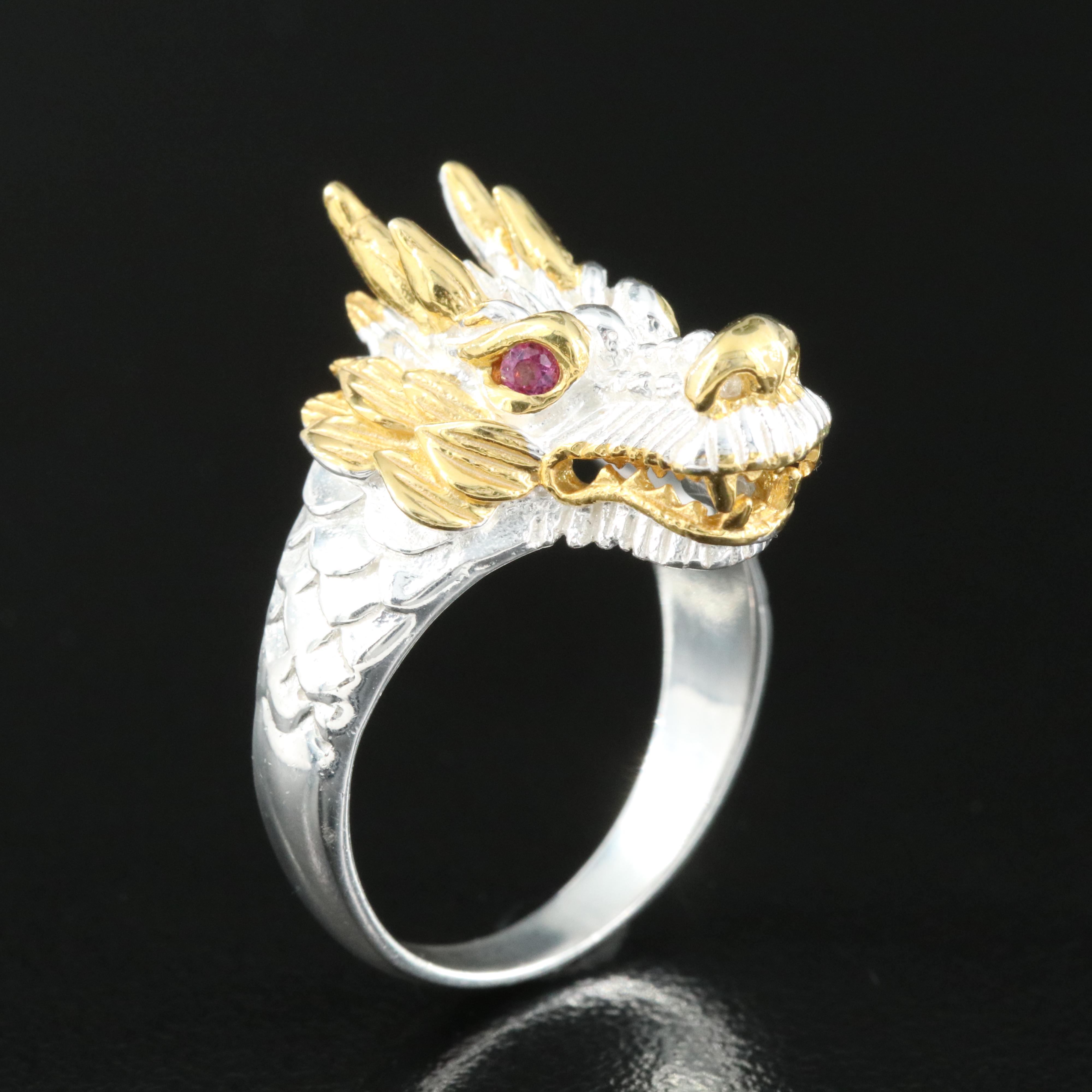 Sterling Garnet Dragon Head Ring