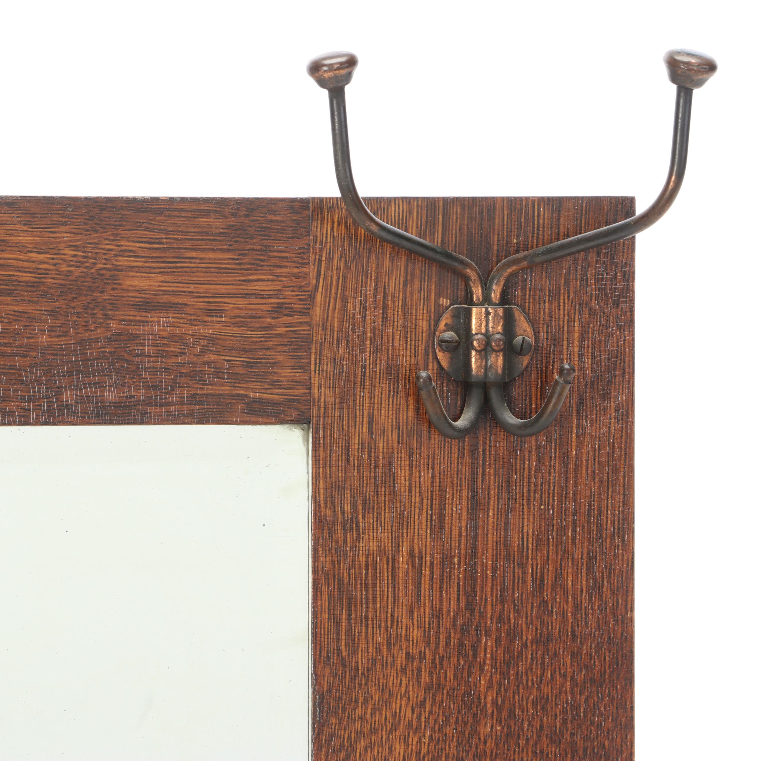 Edwardian Quarter Swan Oak Wall Mounted Mirror Hat Rack, Early-20th Century