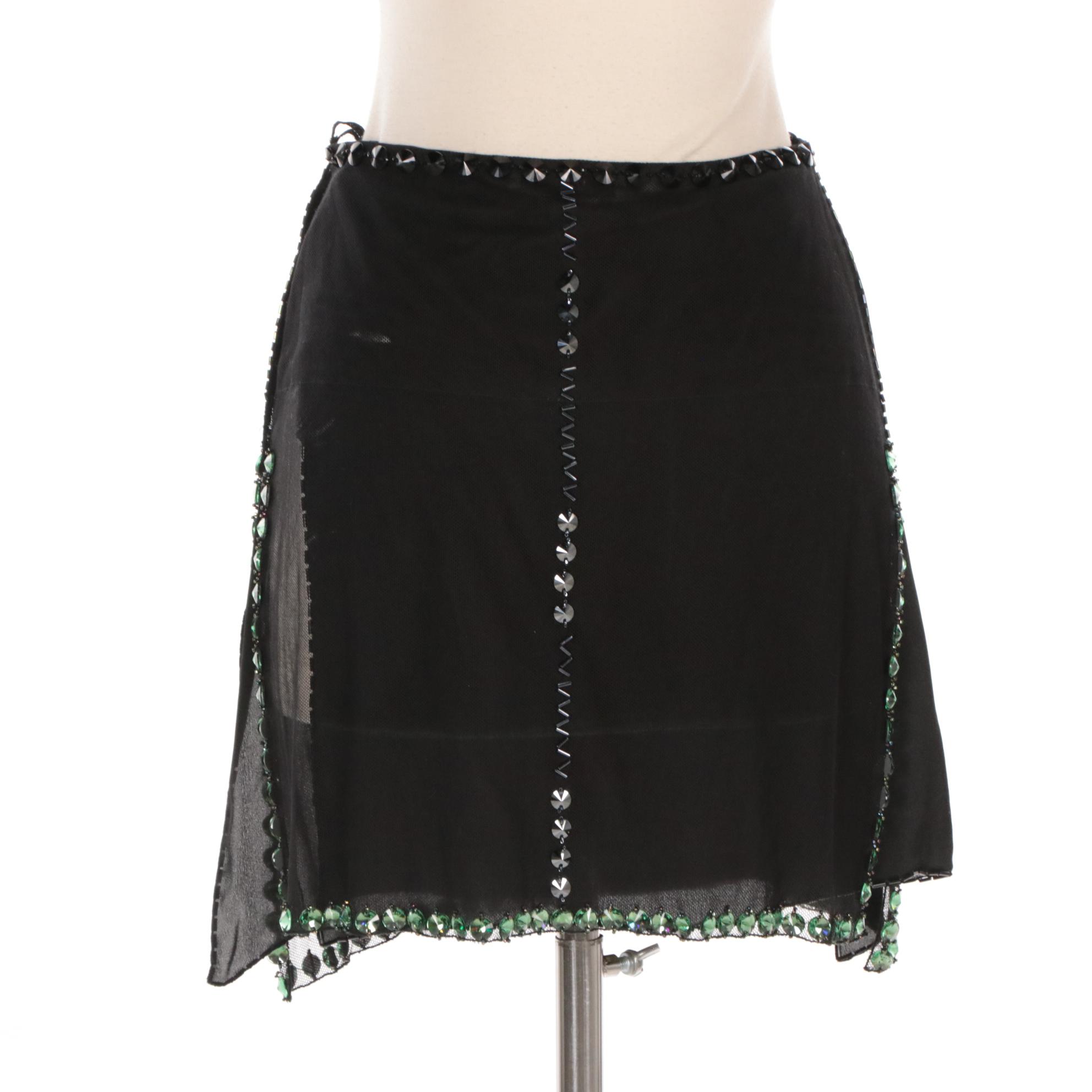 Prada Black Sheer Silk Bead and Rhinestone Embellished Mini Skirt