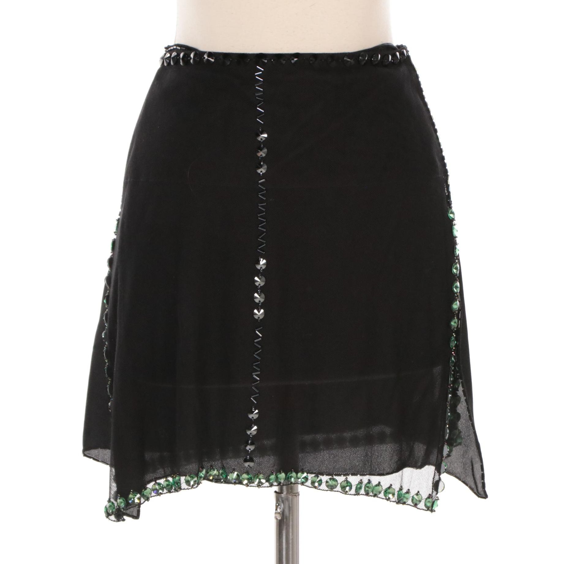 Prada Black Sheer Silk Bead and Rhinestone Embellished Mini Skirt