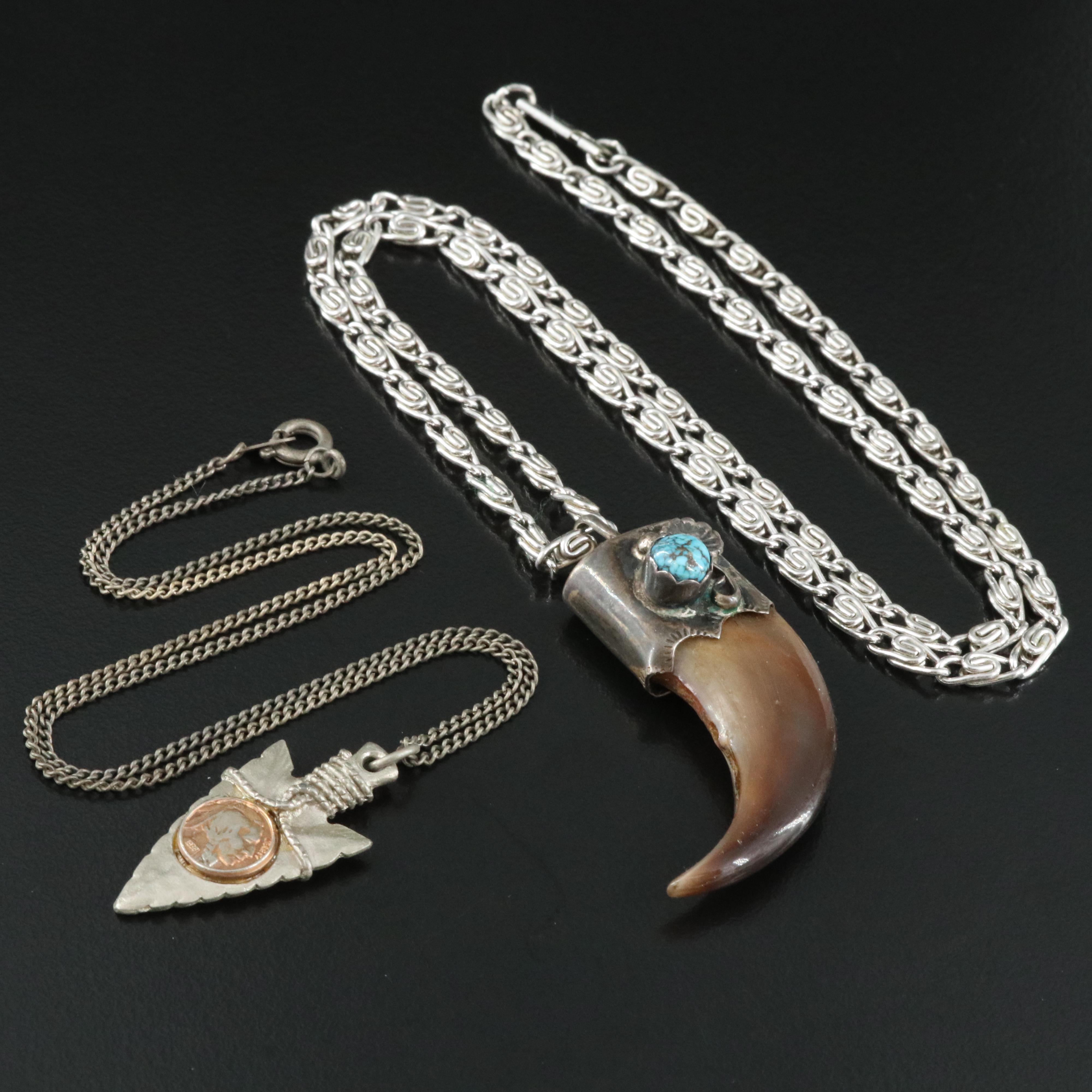 Sterling Black Bear Claw, Turquoise Pendant on Snail Chain & Arrowhead Necklace