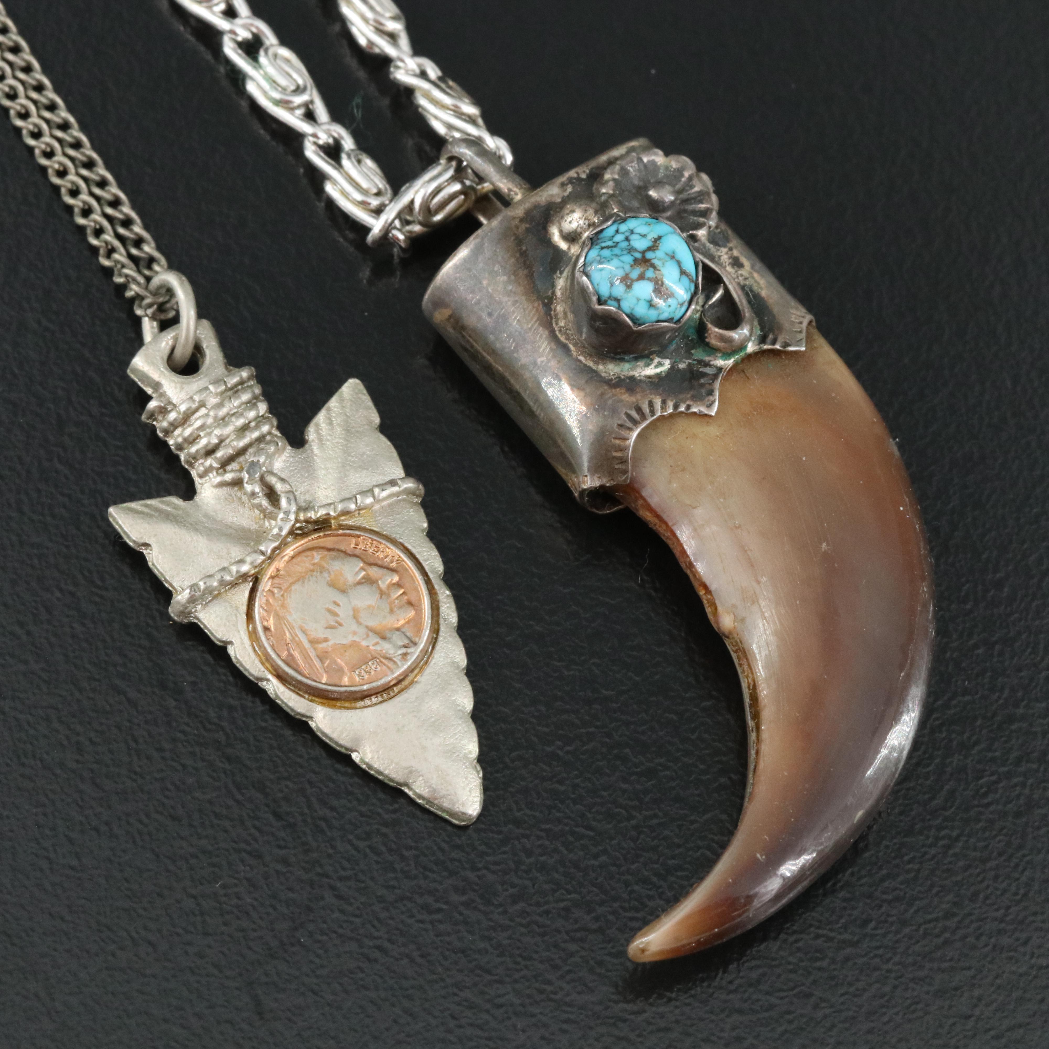 Sterling Black Bear Claw, Turquoise Pendant on Snail Chain & Arrowhead Necklace