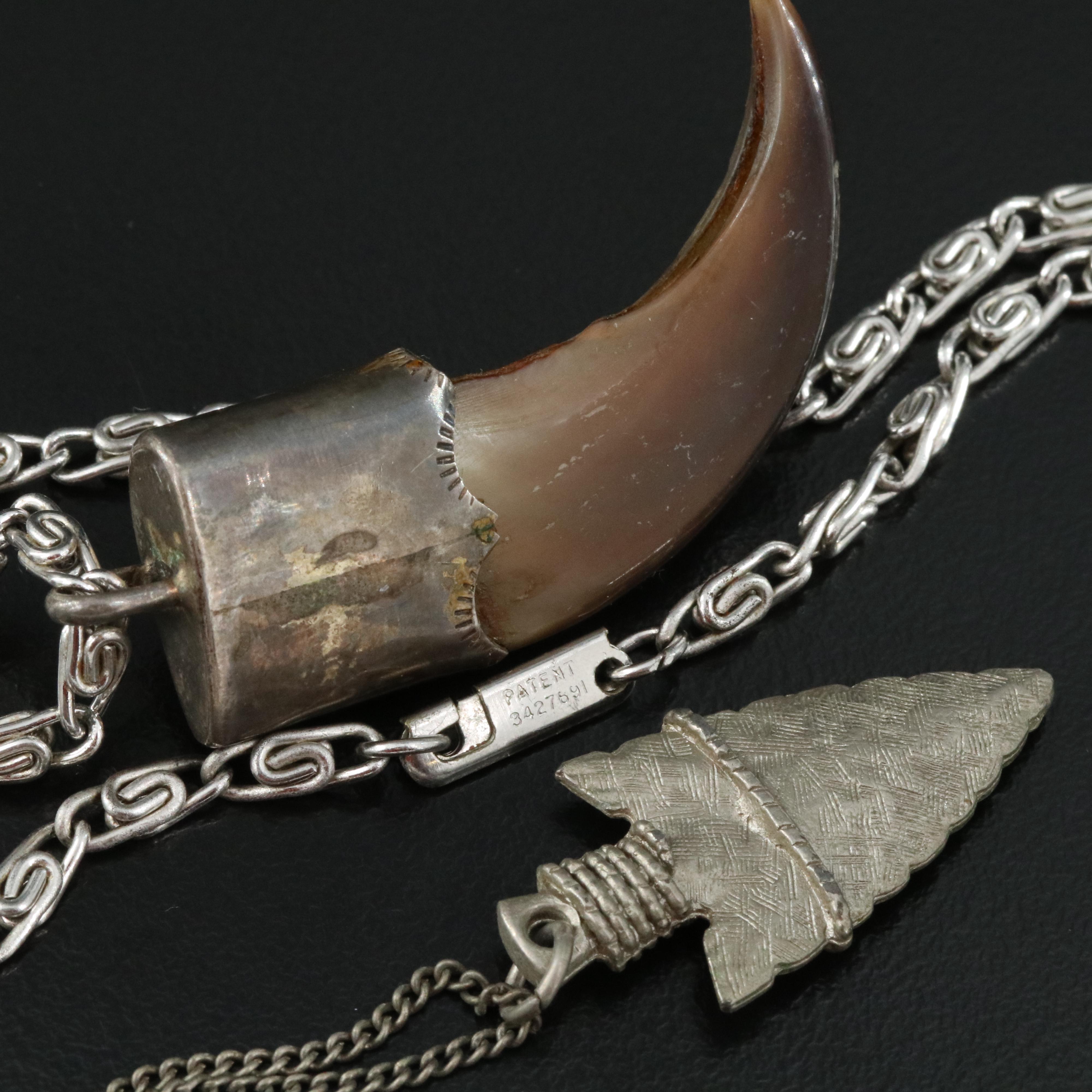 Sterling Black Bear Claw, Turquoise Pendant on Snail Chain & Arrowhead Necklace
