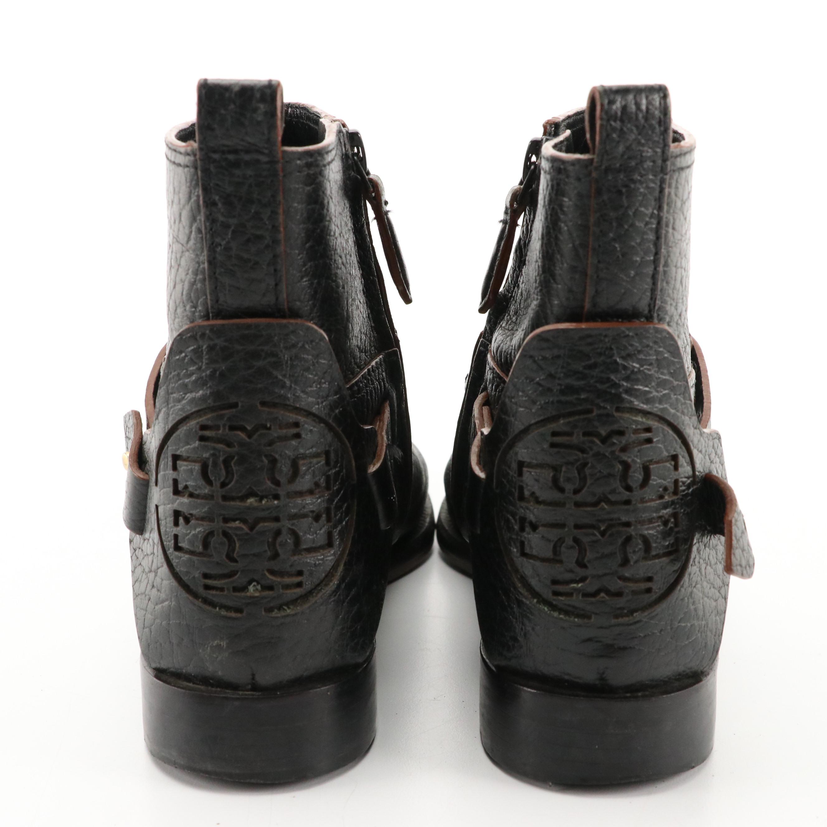 Tory Burch Derby Harness Booties in Black Grained Leather