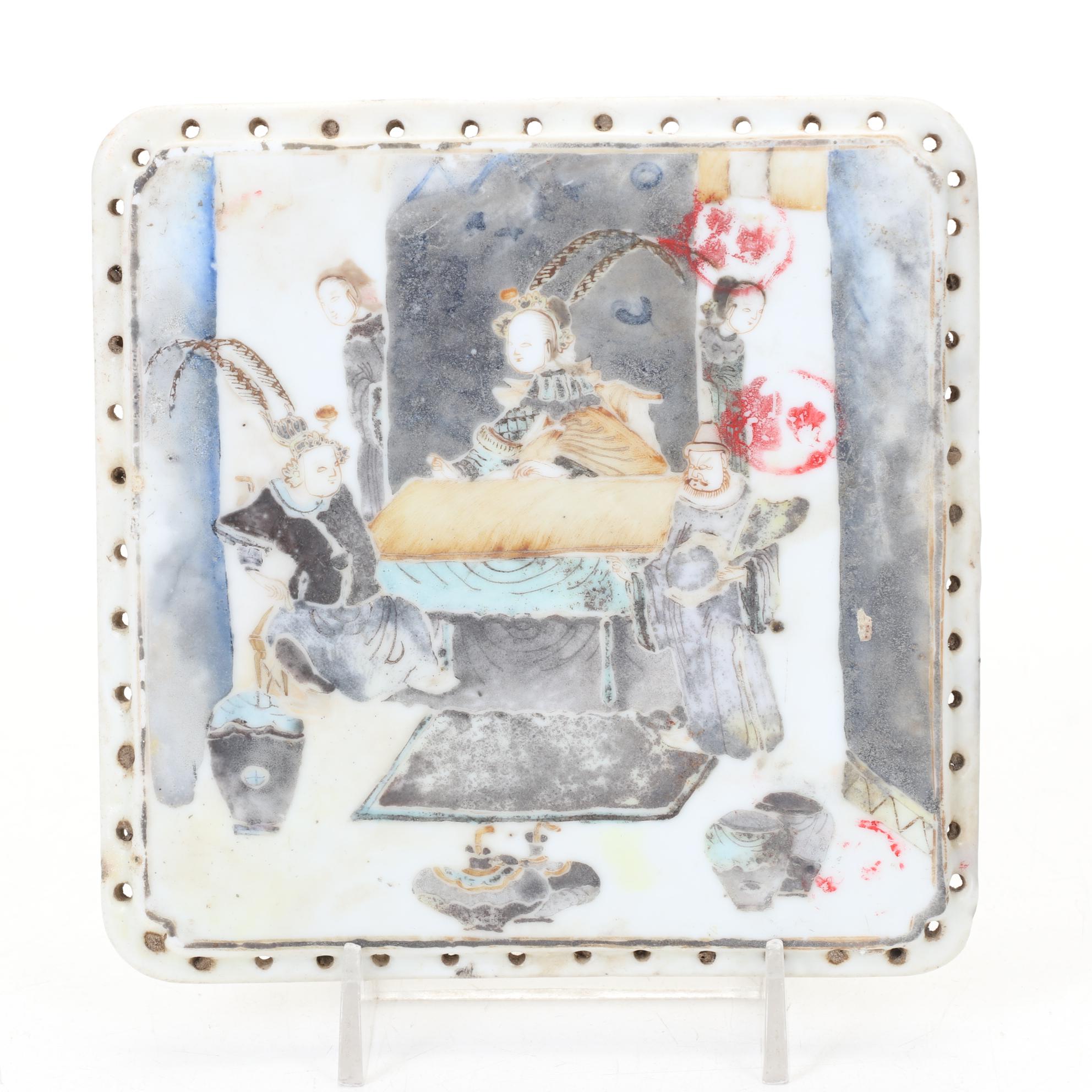 Antique Chinese Ceramic Picture Tile With Holes On Edges for Weaving/Attaching