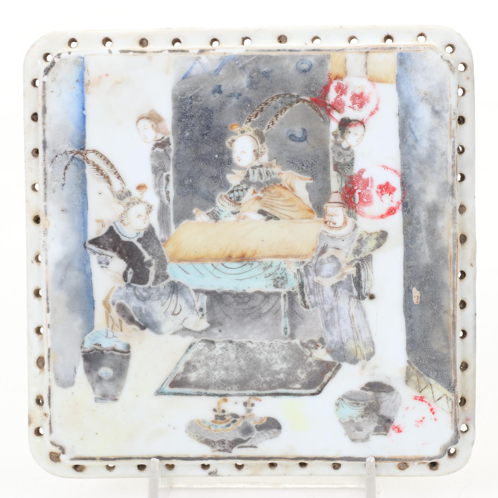 Antique Chinese Ceramic Picture Tile With Holes On Edges for Weaving/Attaching