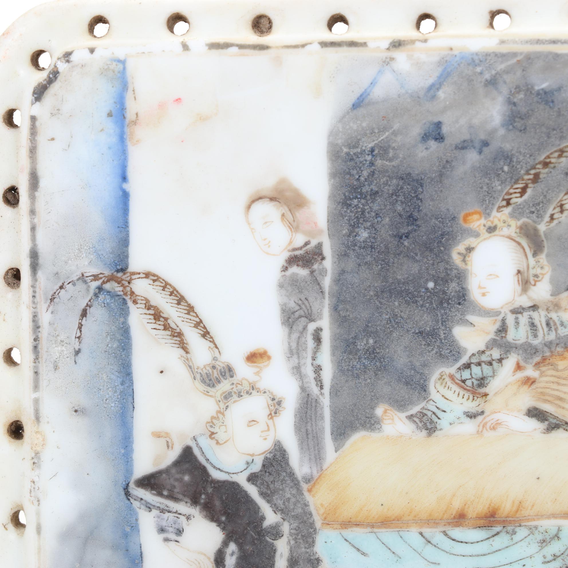 Antique Chinese Ceramic Picture Tile With Holes On Edges for Weaving/Attaching