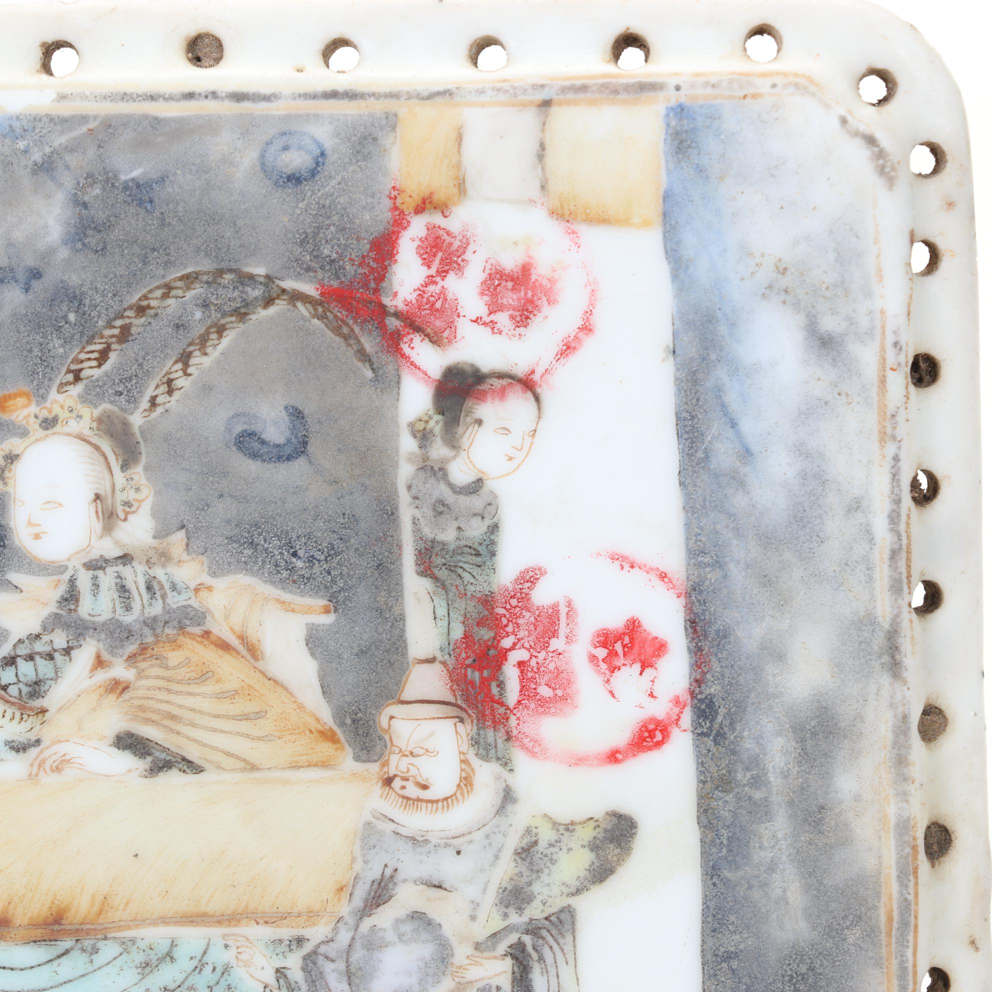 Antique Chinese Ceramic Picture Tile With Holes On Edges for Weaving/Attaching