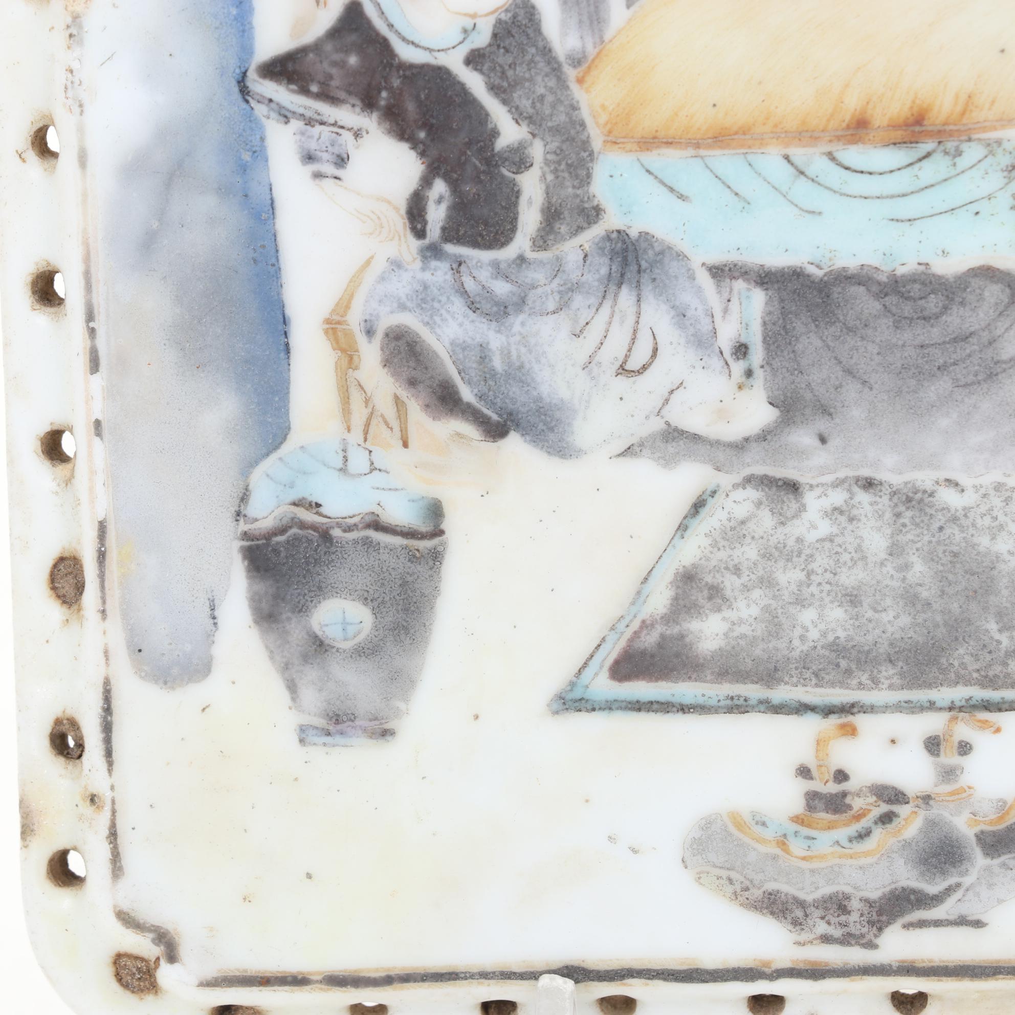 Antique Chinese Ceramic Picture Tile With Holes On Edges for Weaving/Attaching