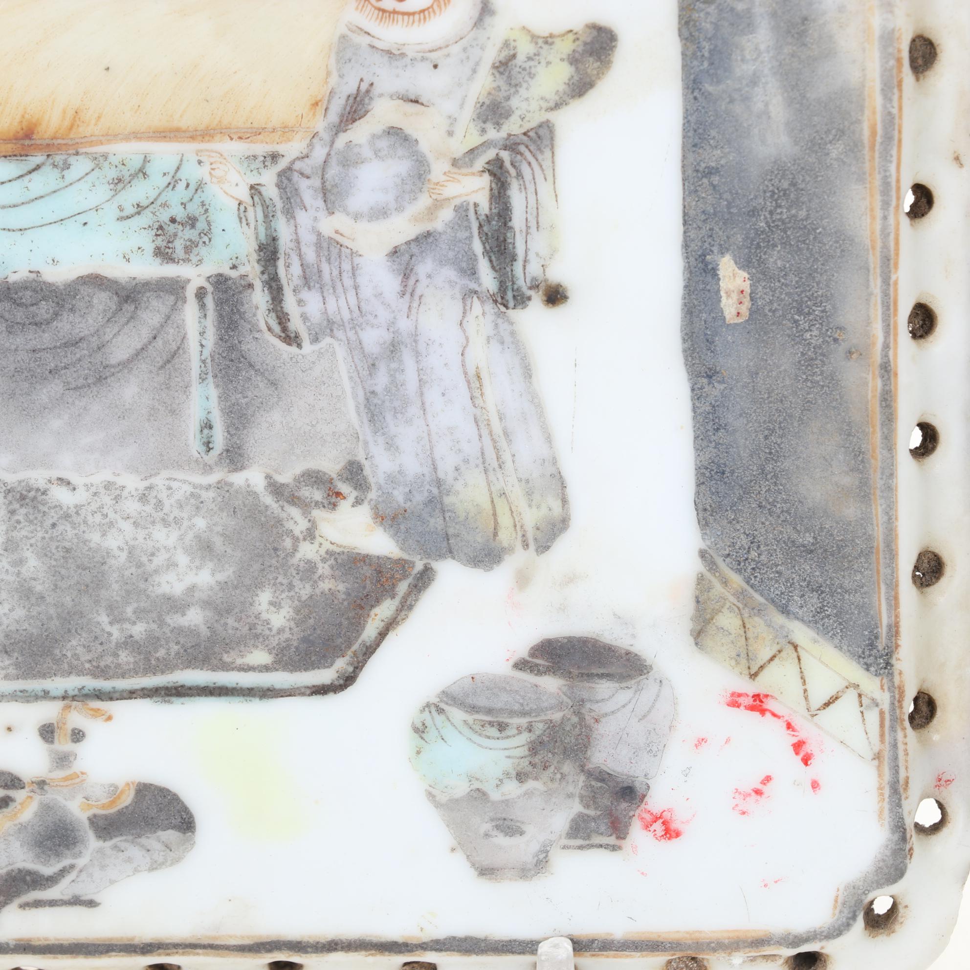 Antique Chinese Ceramic Picture Tile With Holes On Edges for Weaving/Attaching