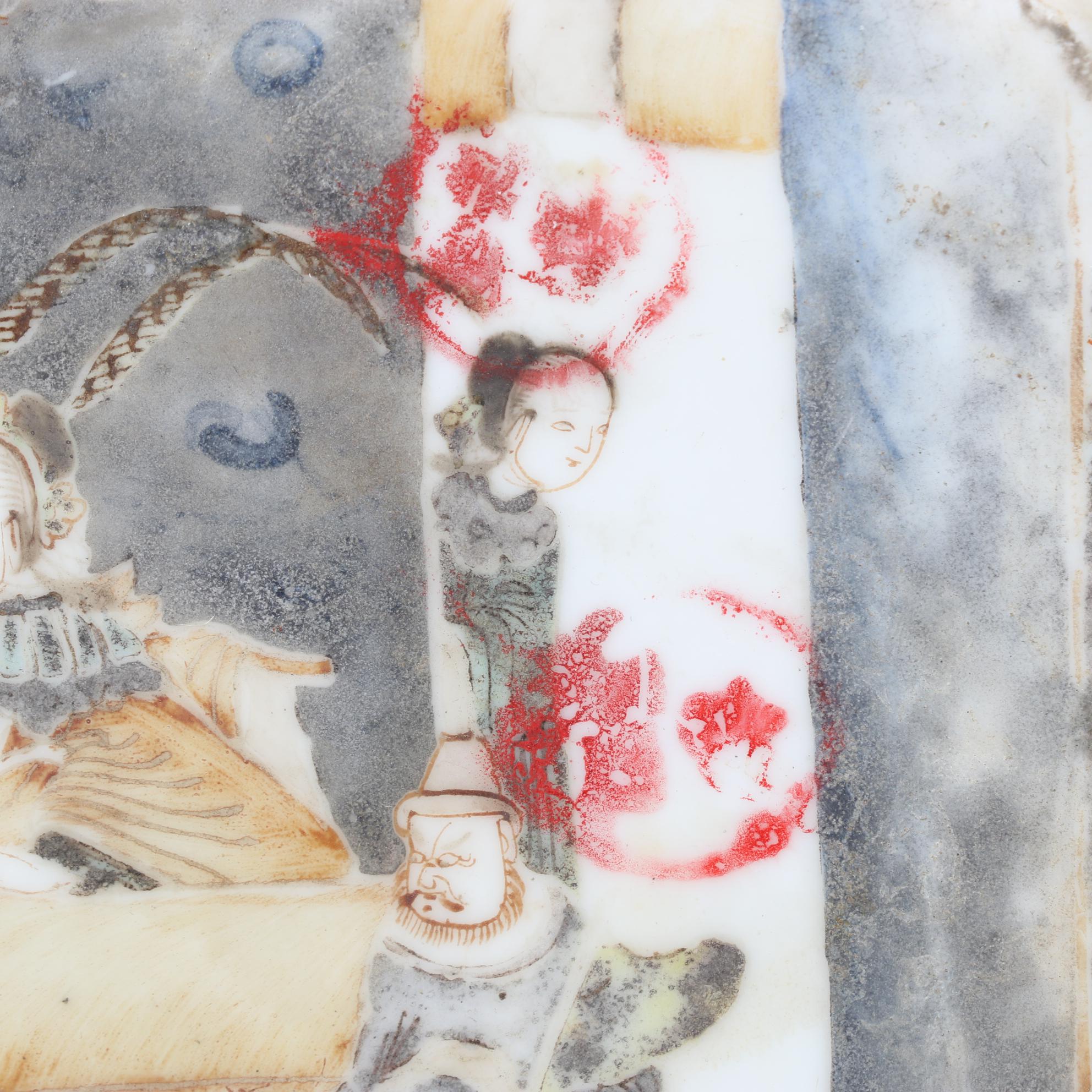 Antique Chinese Ceramic Picture Tile With Holes On Edges for Weaving/Attaching