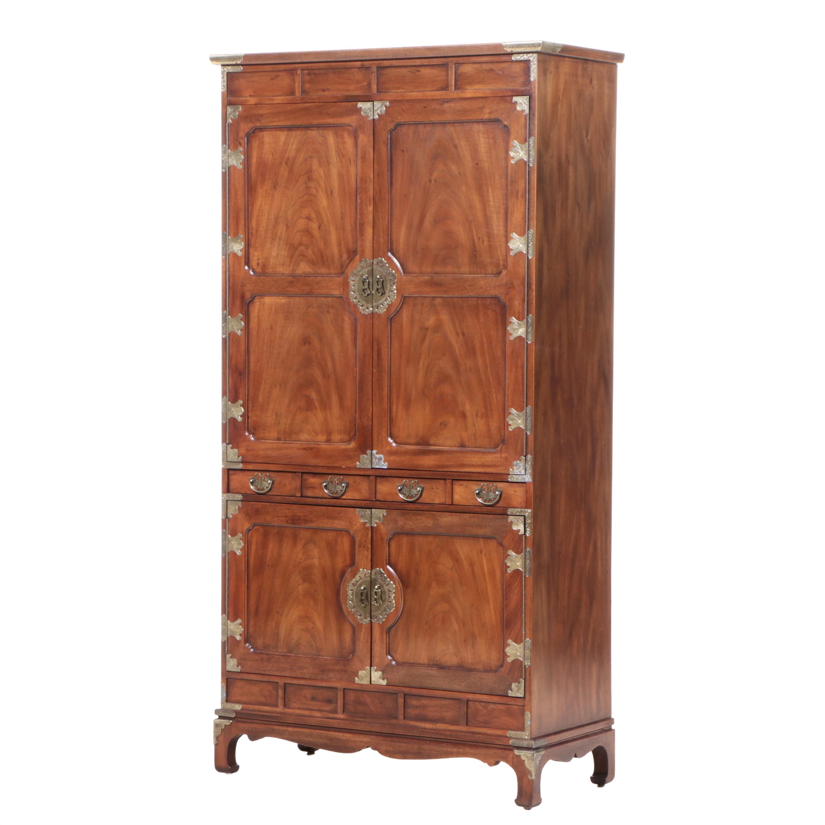 Henredon Korean Style Brass-Mounted Mahogany Bar Cabinet, Late 20th Century