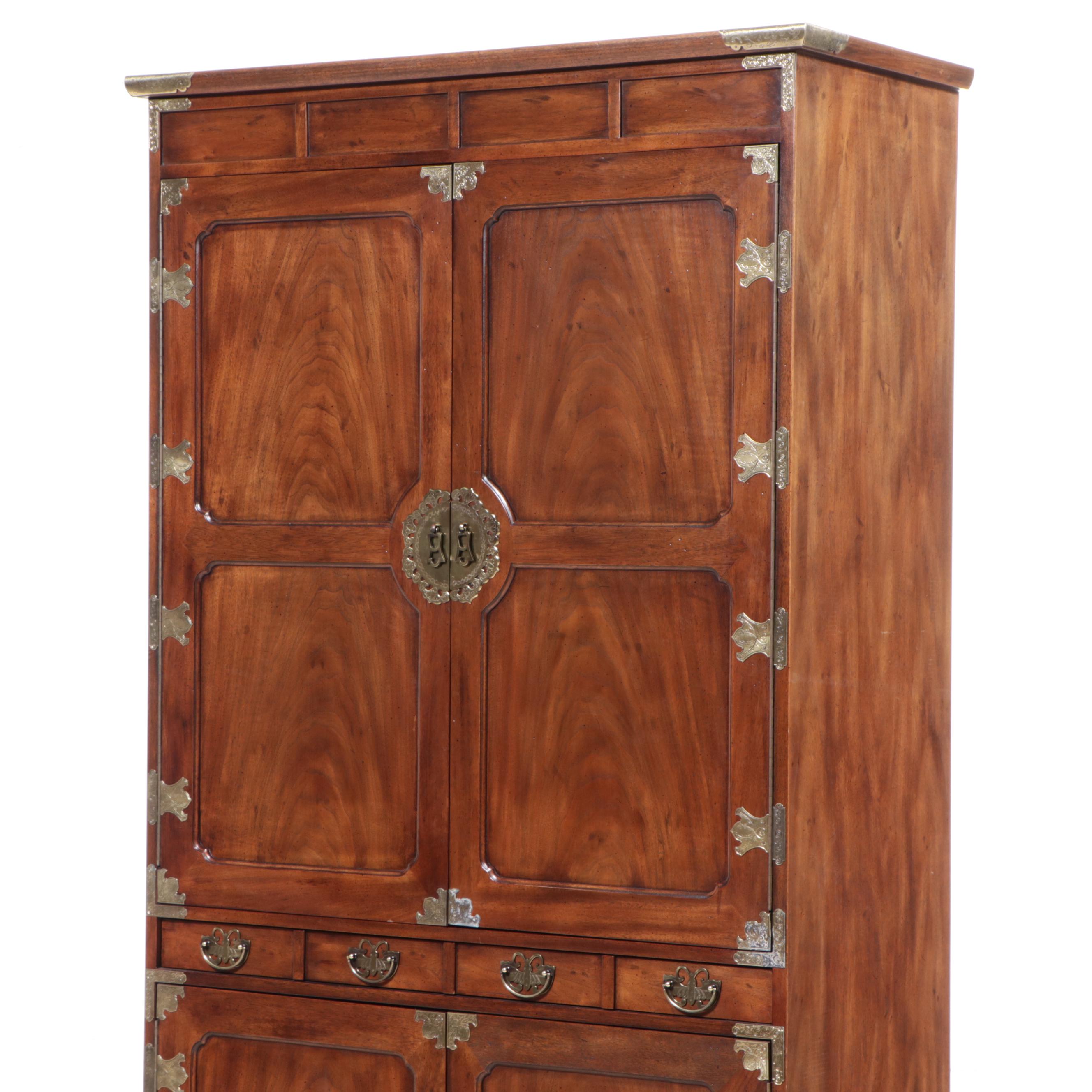Henredon Korean Style Brass-Mounted Mahogany Bar Cabinet, Late 20th Century