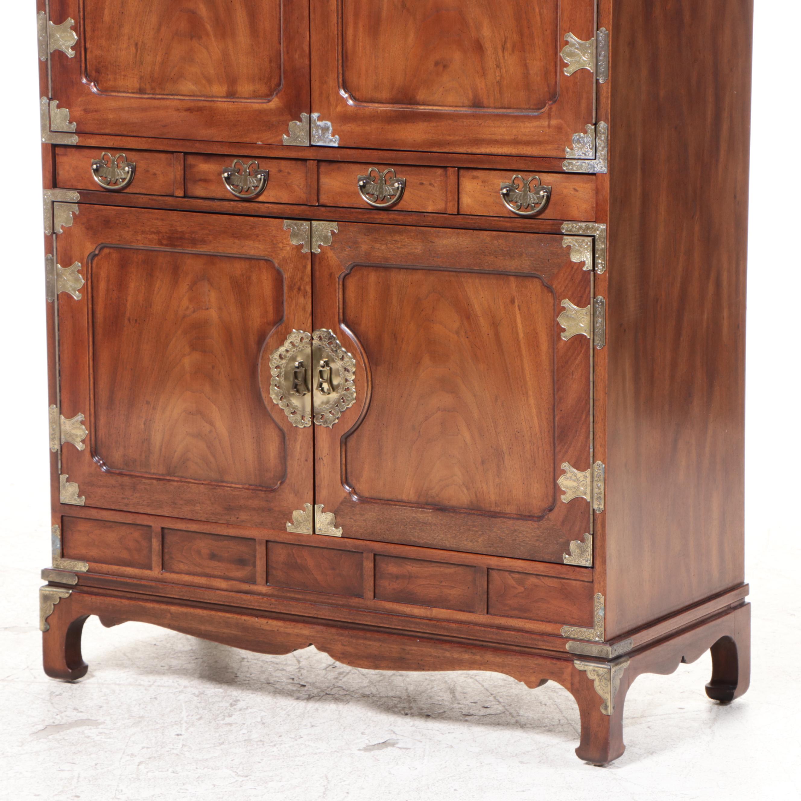 Henredon Korean Style Brass-Mounted Mahogany Bar Cabinet, Late 20th Century