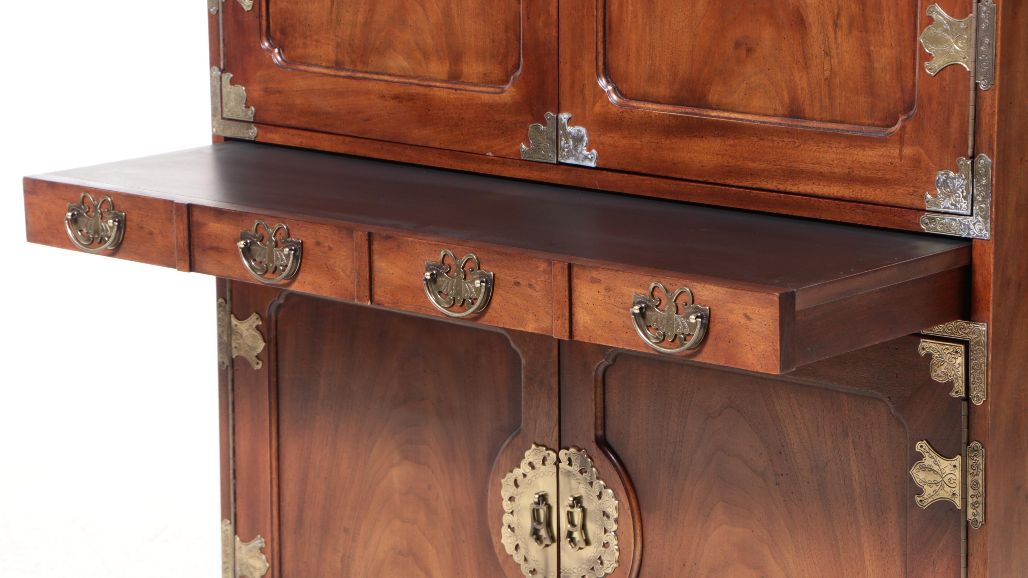 Henredon Korean Style Brass-Mounted Mahogany Bar Cabinet, Late 20th Century