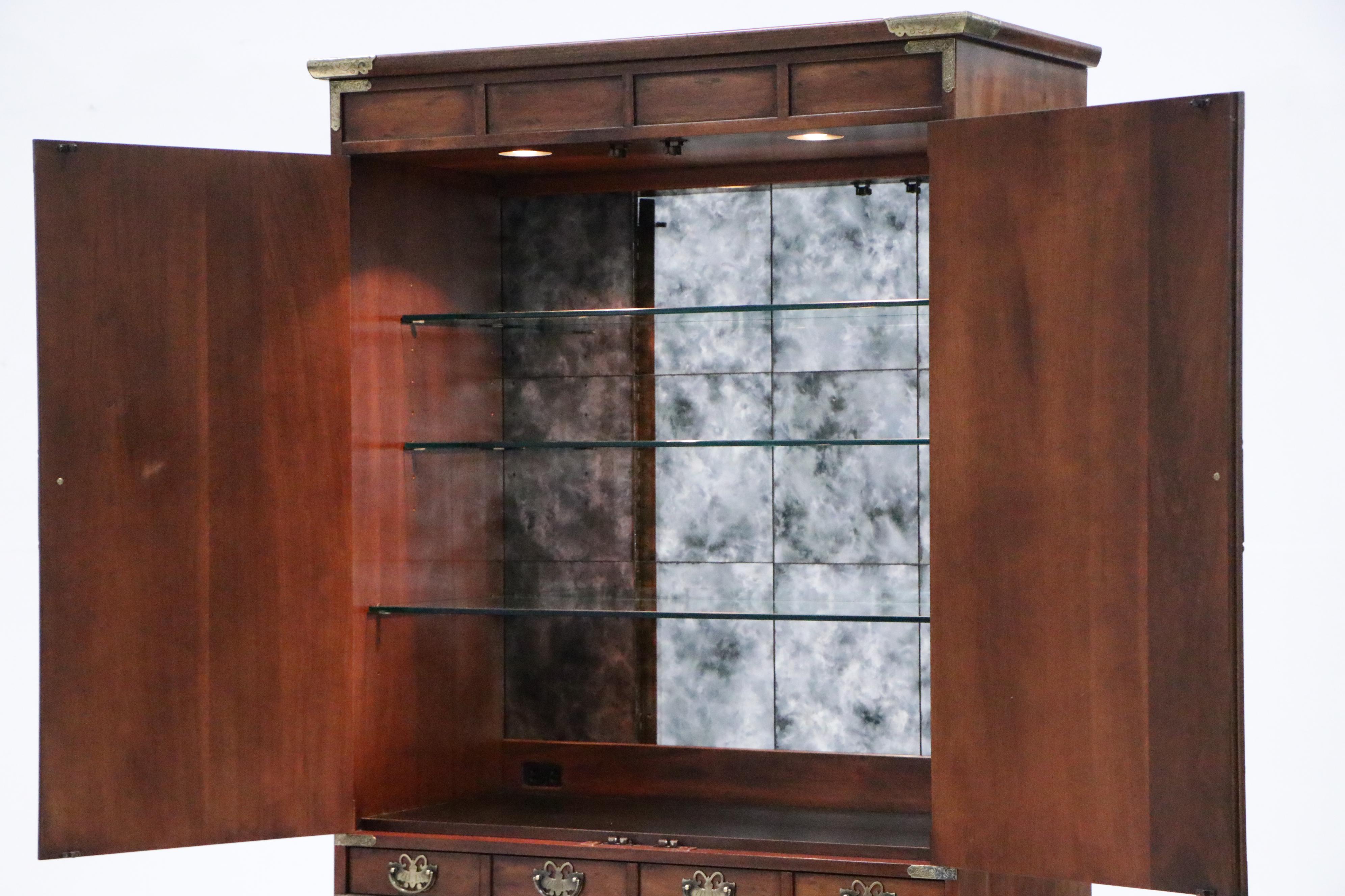 Henredon Korean Style Brass-Mounted Mahogany Bar Cabinet, Late 20th Century