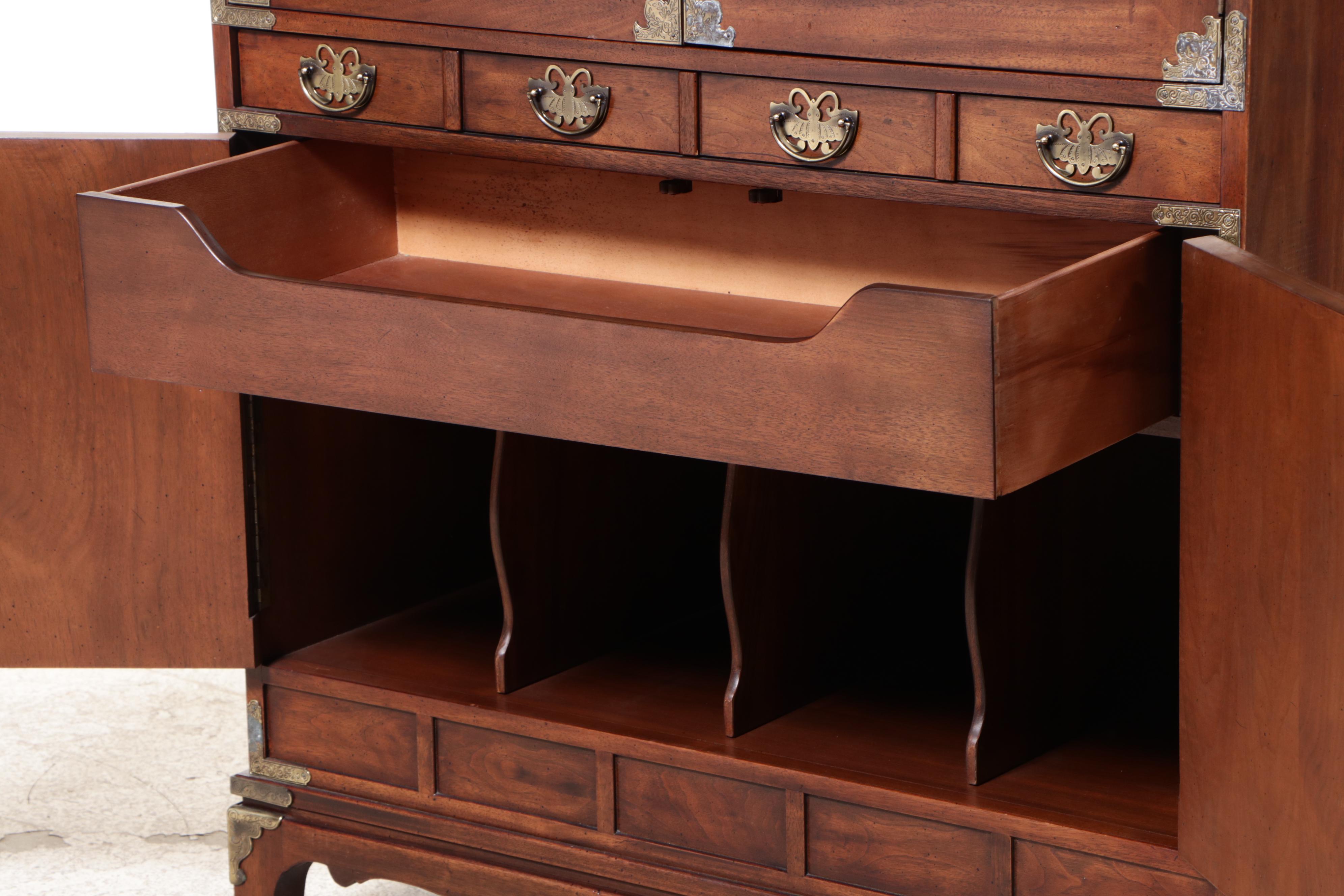 Henredon Korean Style Brass-Mounted Mahogany Bar Cabinet, Late 20th Century