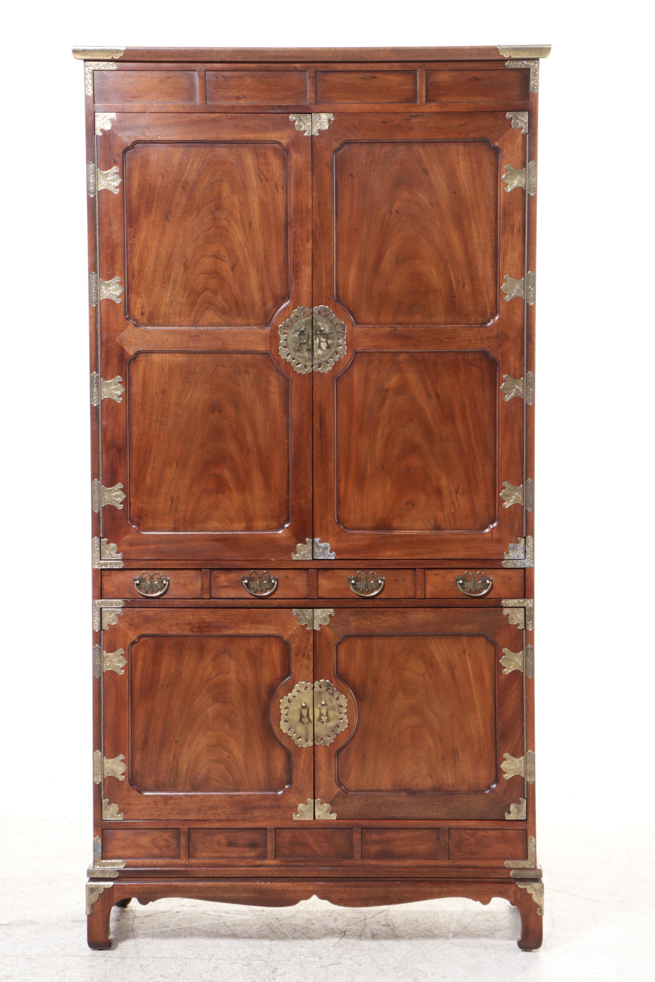 Henredon Korean Style Brass-Mounted Mahogany Bar Cabinet, Late 20th Century