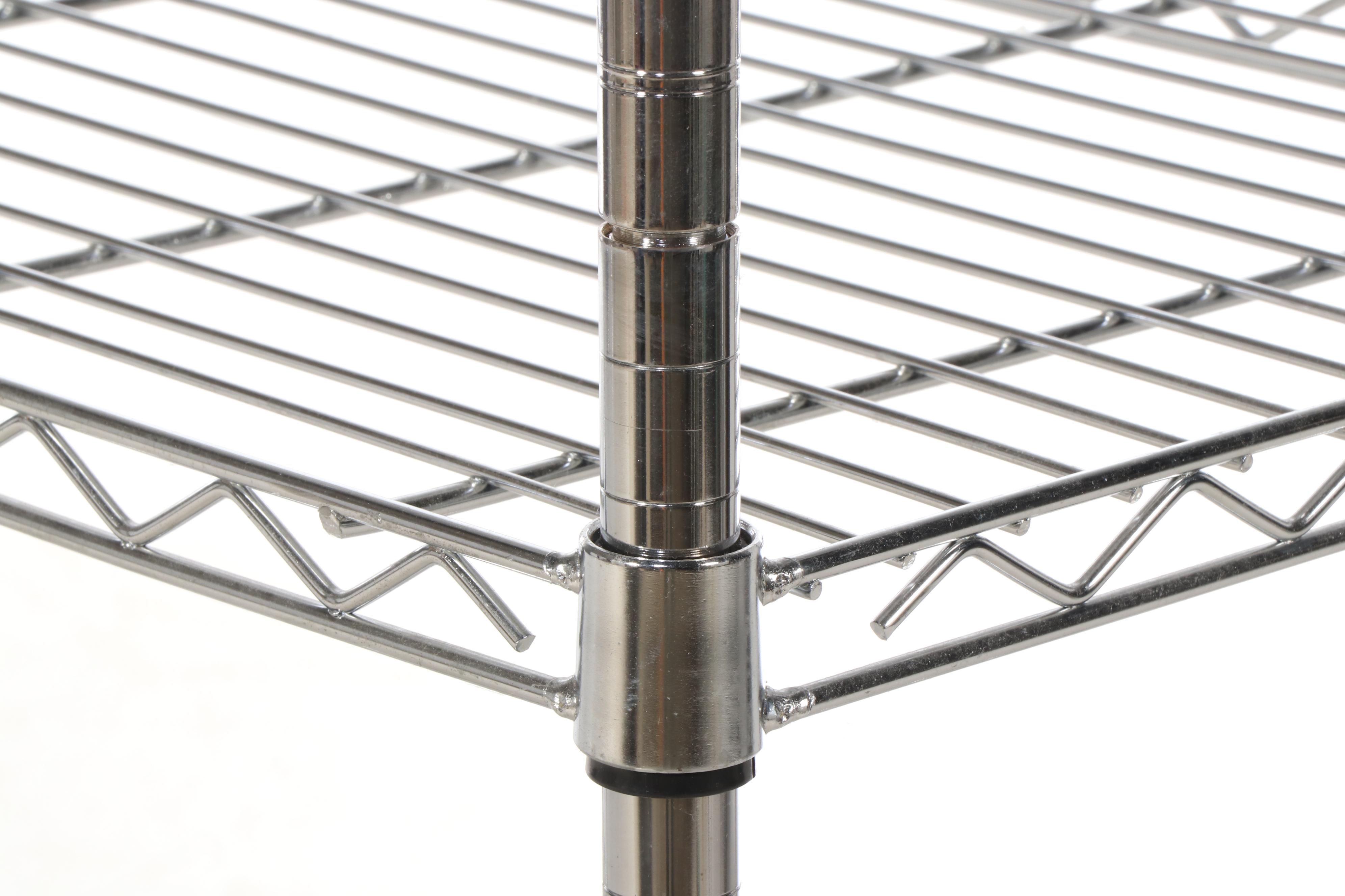 Three Chromed Metal Shelves on Wheels