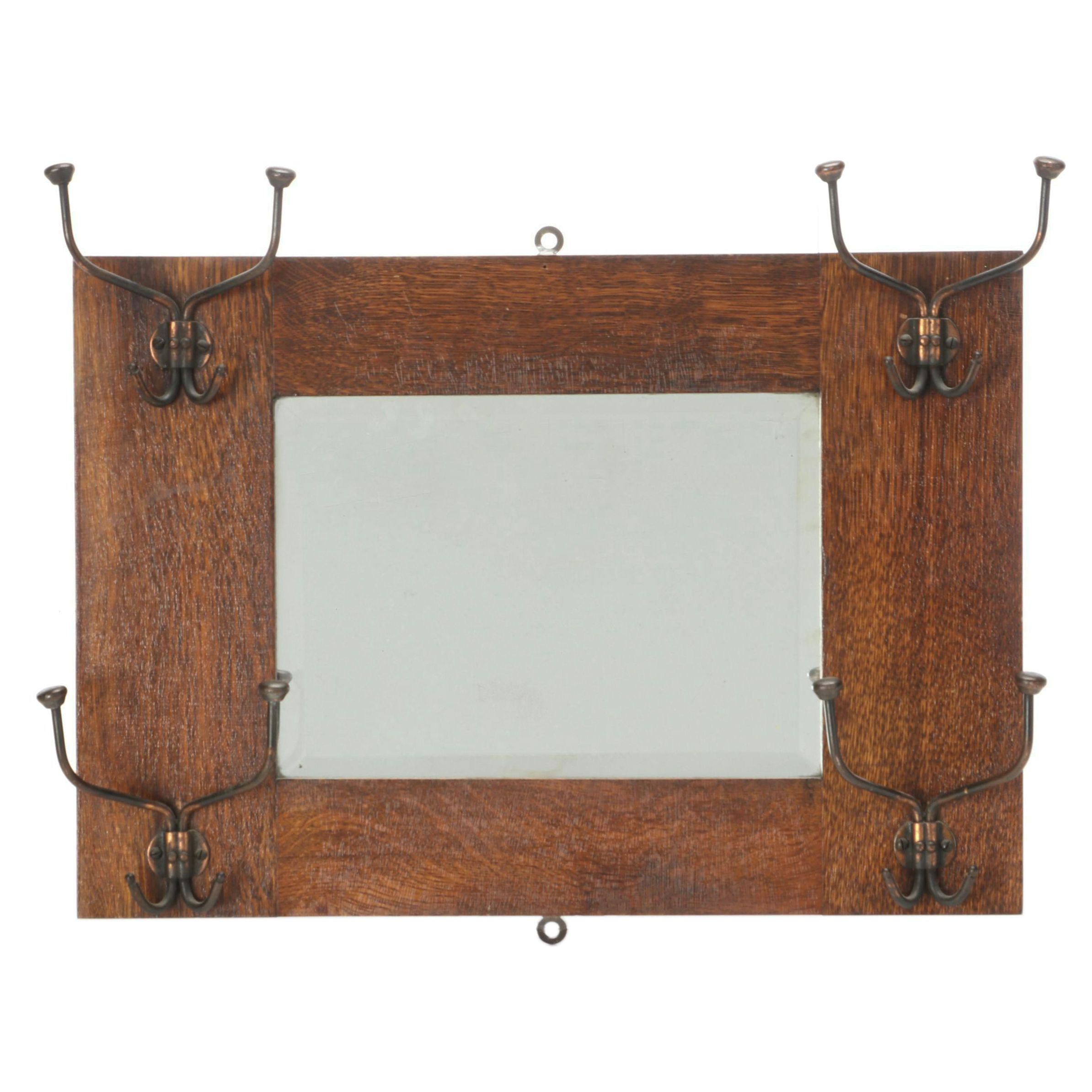 Edwardian Quarter Swan Oak Wall Mounted Mirror Hat Rack, Early-20th Century