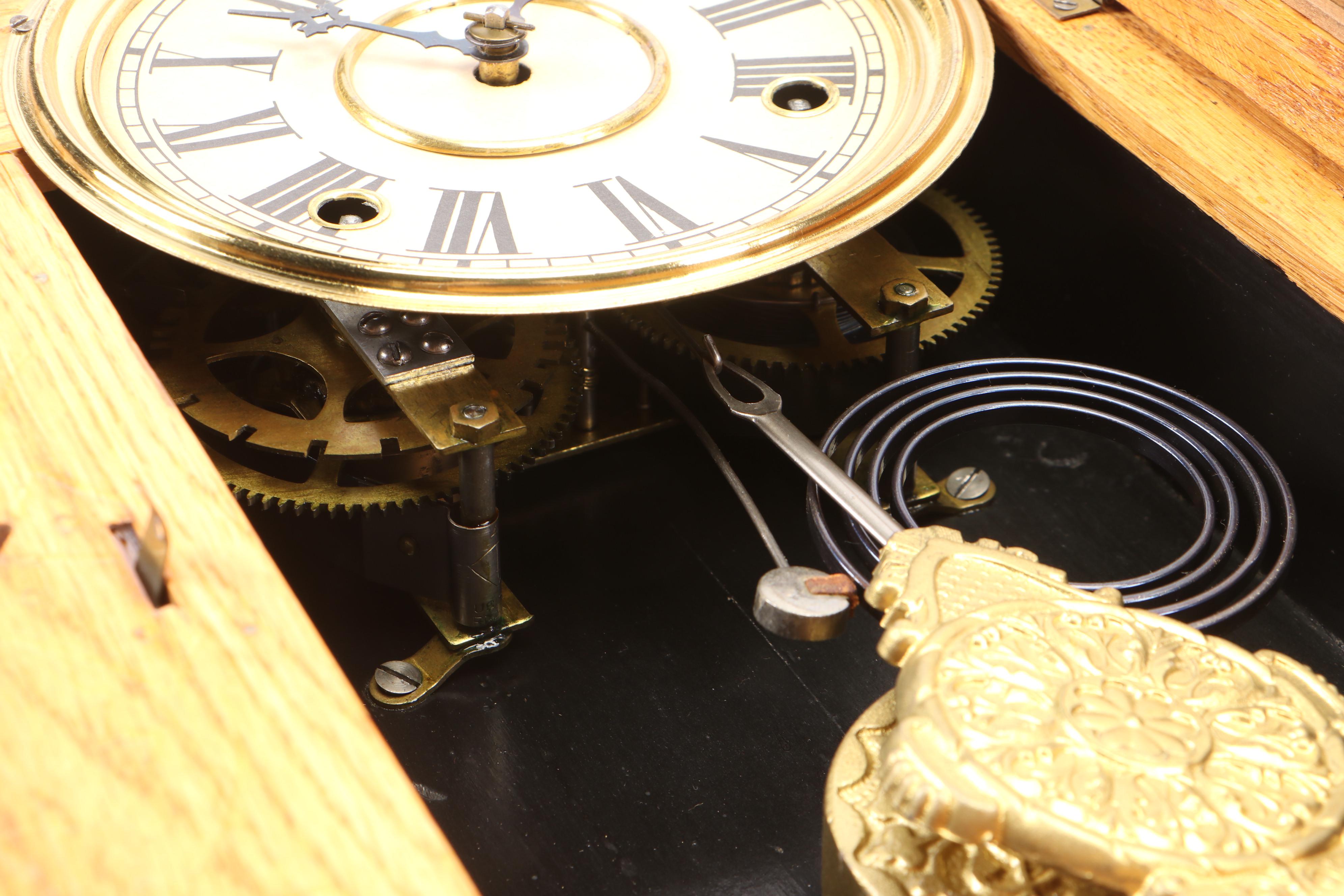 W. L. Gilbert Pressed Oak "Quail" Gingerbread Kitchen Clock, Late 19th