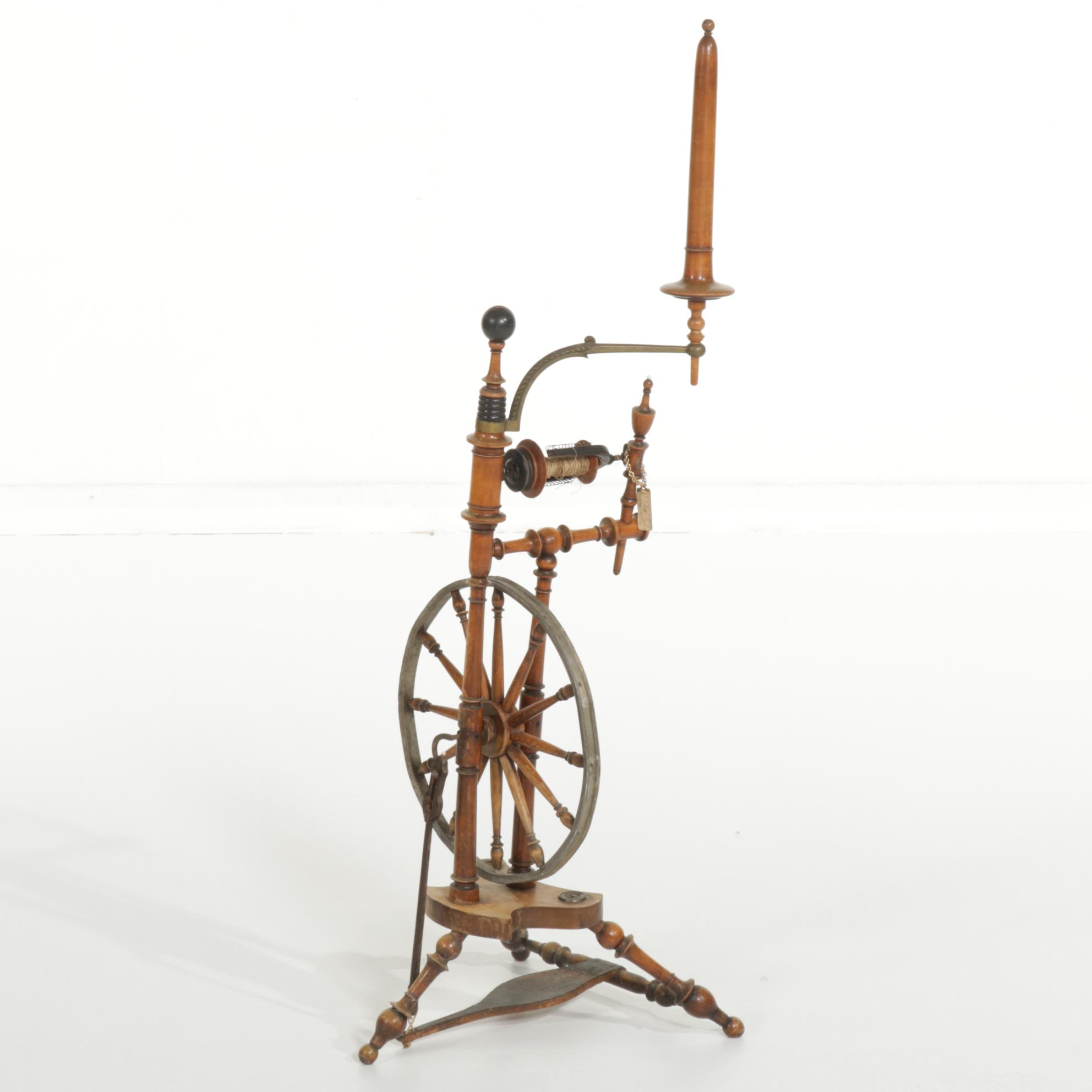 Continental Turned Wood and Metal Upright Parlor Spinning Wheel, 19th Century