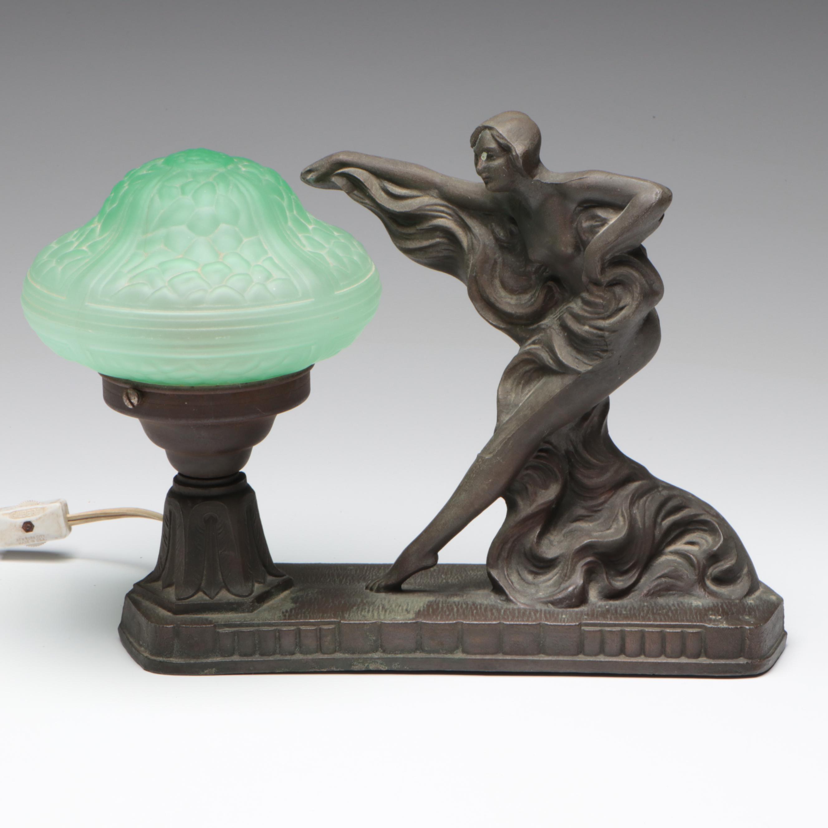 Art Deco Figural Spelter and Uranium Glass Shade Table Lamp