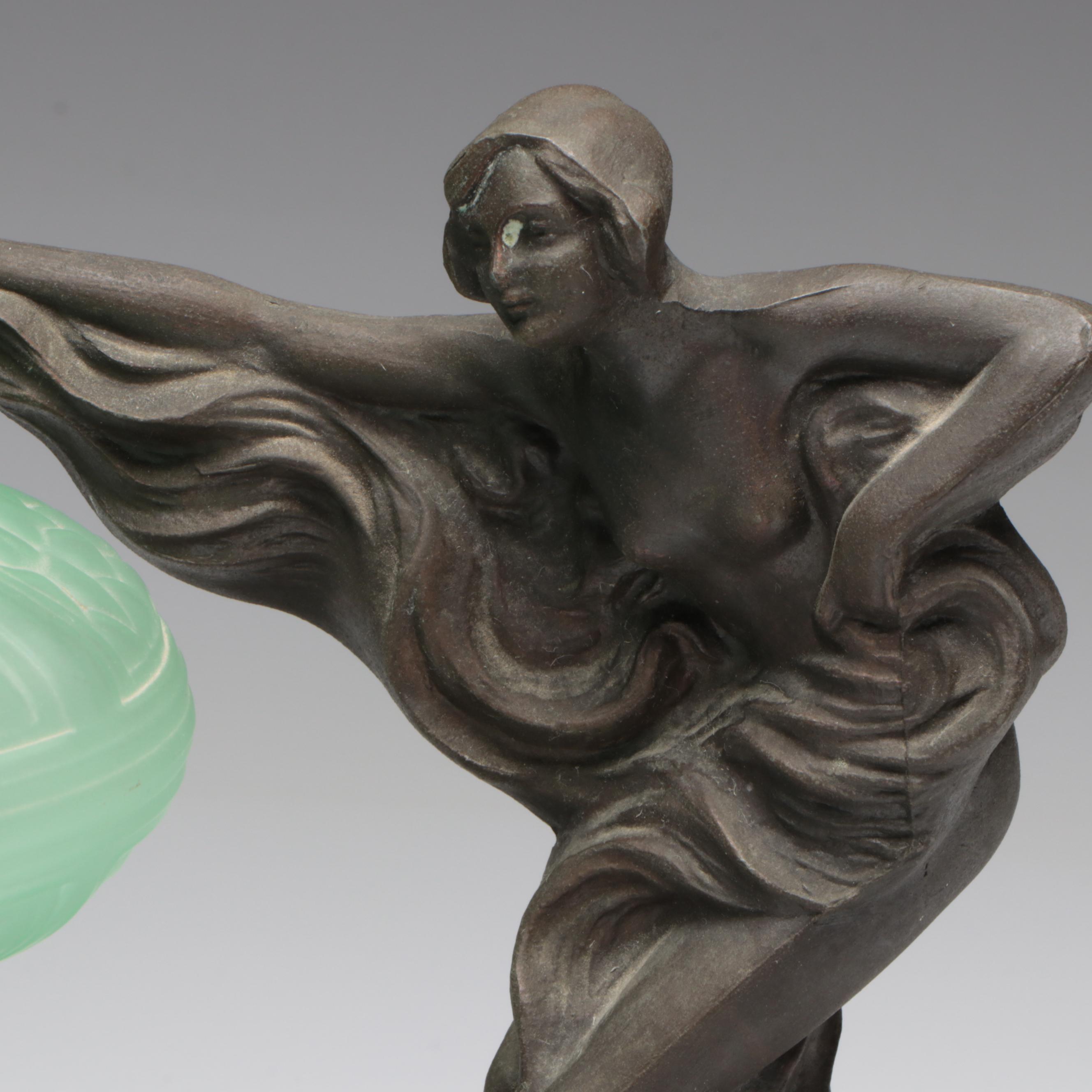 Art Deco Figural Spelter and Uranium Glass Shade Table Lamp