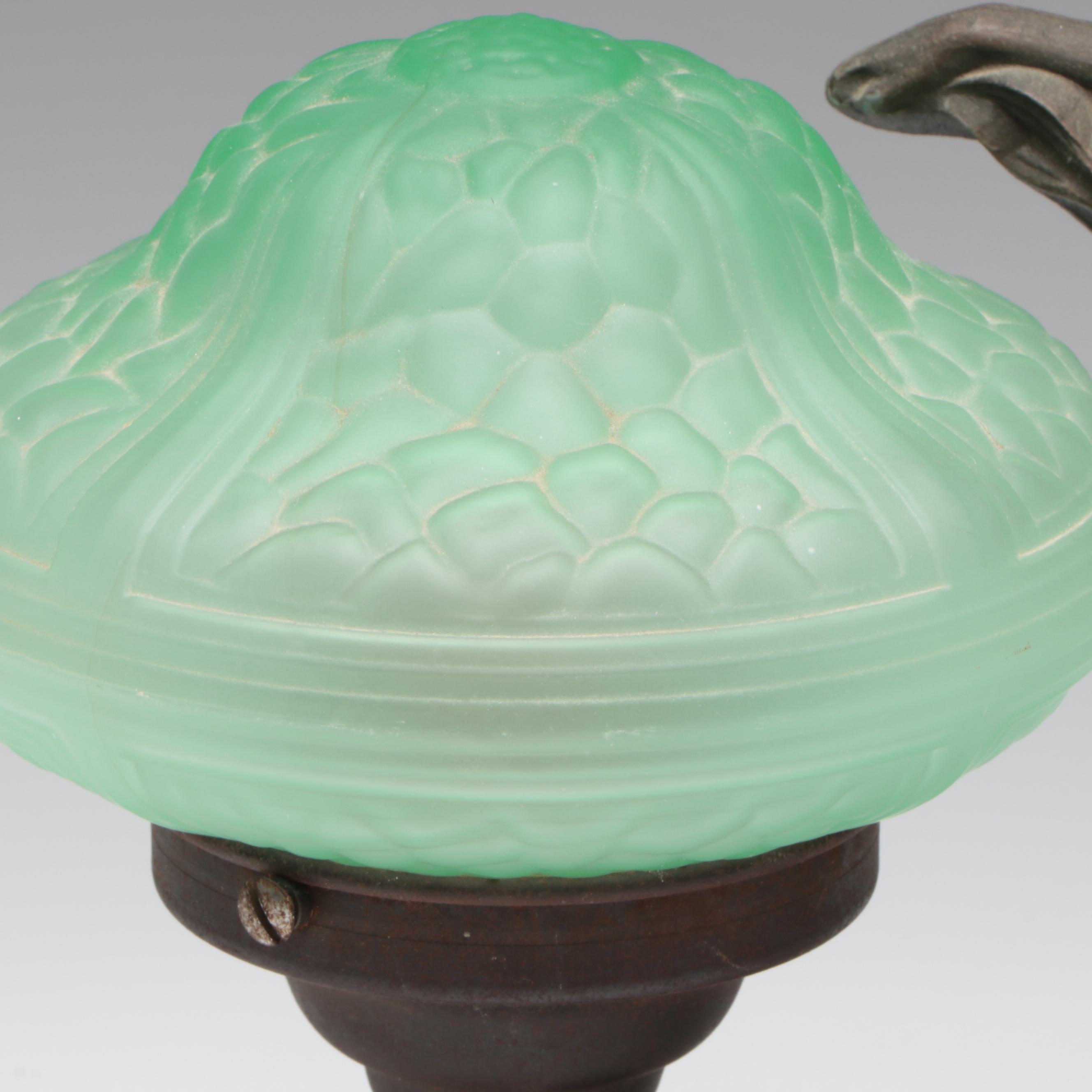 Art Deco Figural Spelter and Uranium Glass Shade Table Lamp