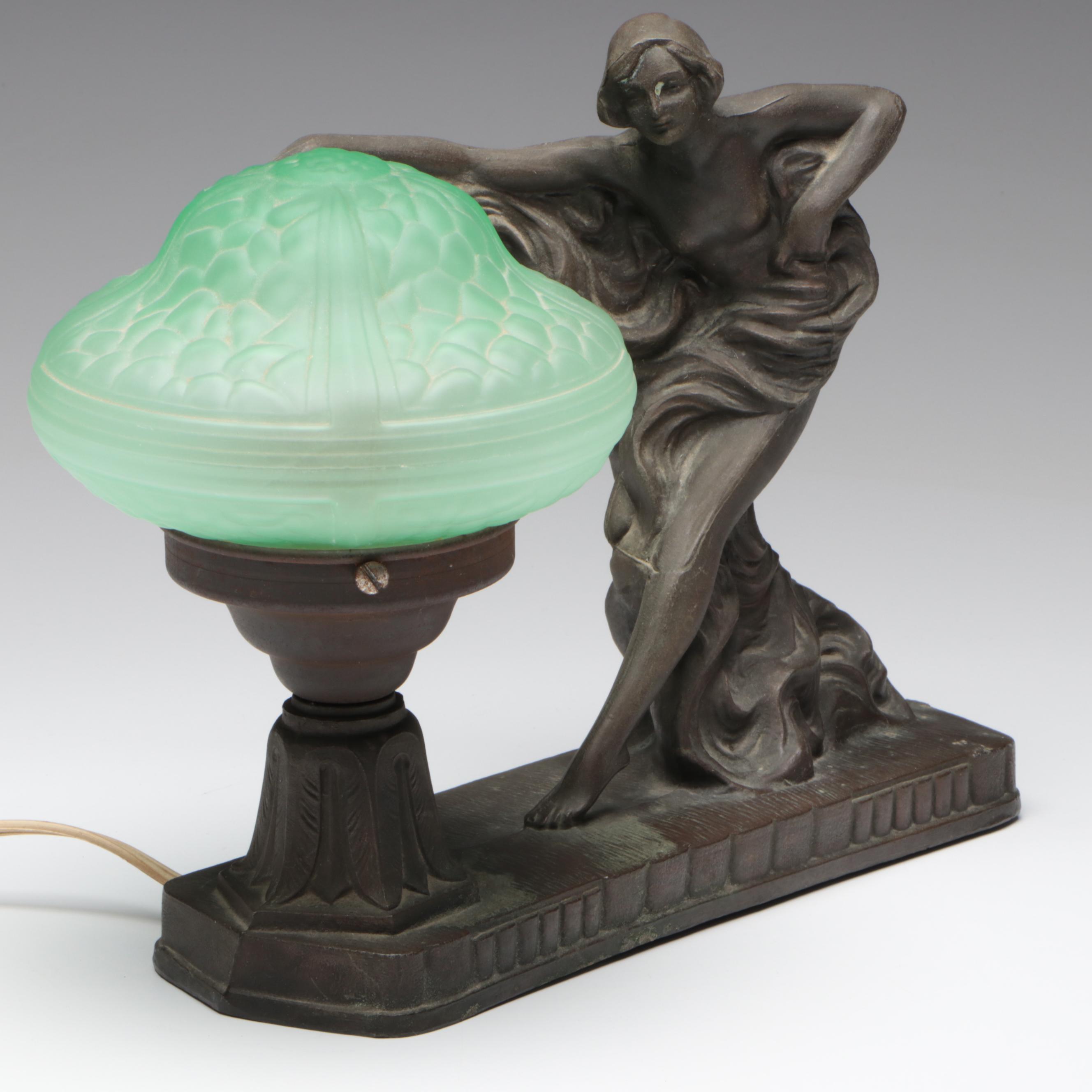Art Deco Figural Spelter and Uranium Glass Shade Table Lamp