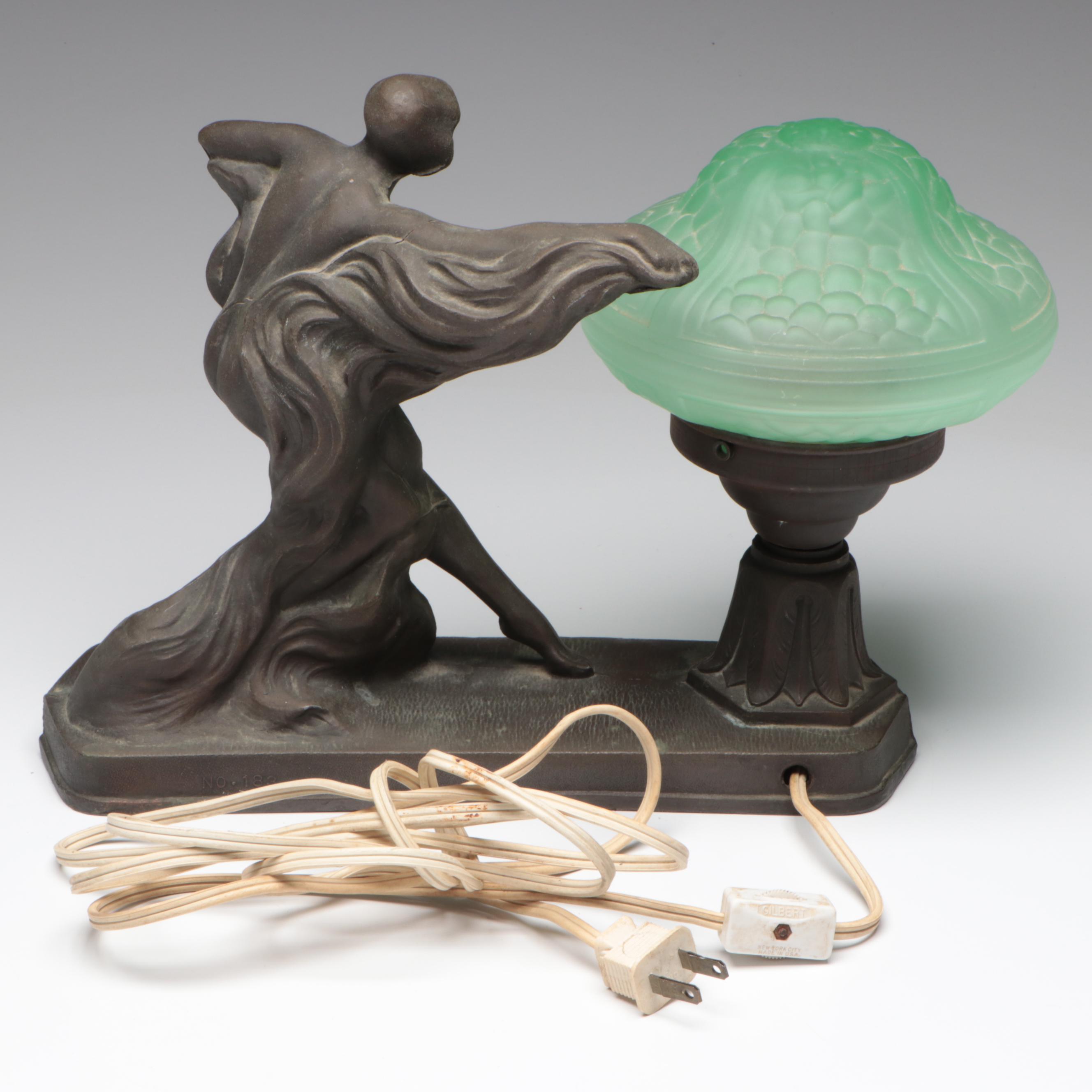 Art Deco Figural Spelter and Uranium Glass Shade Table Lamp