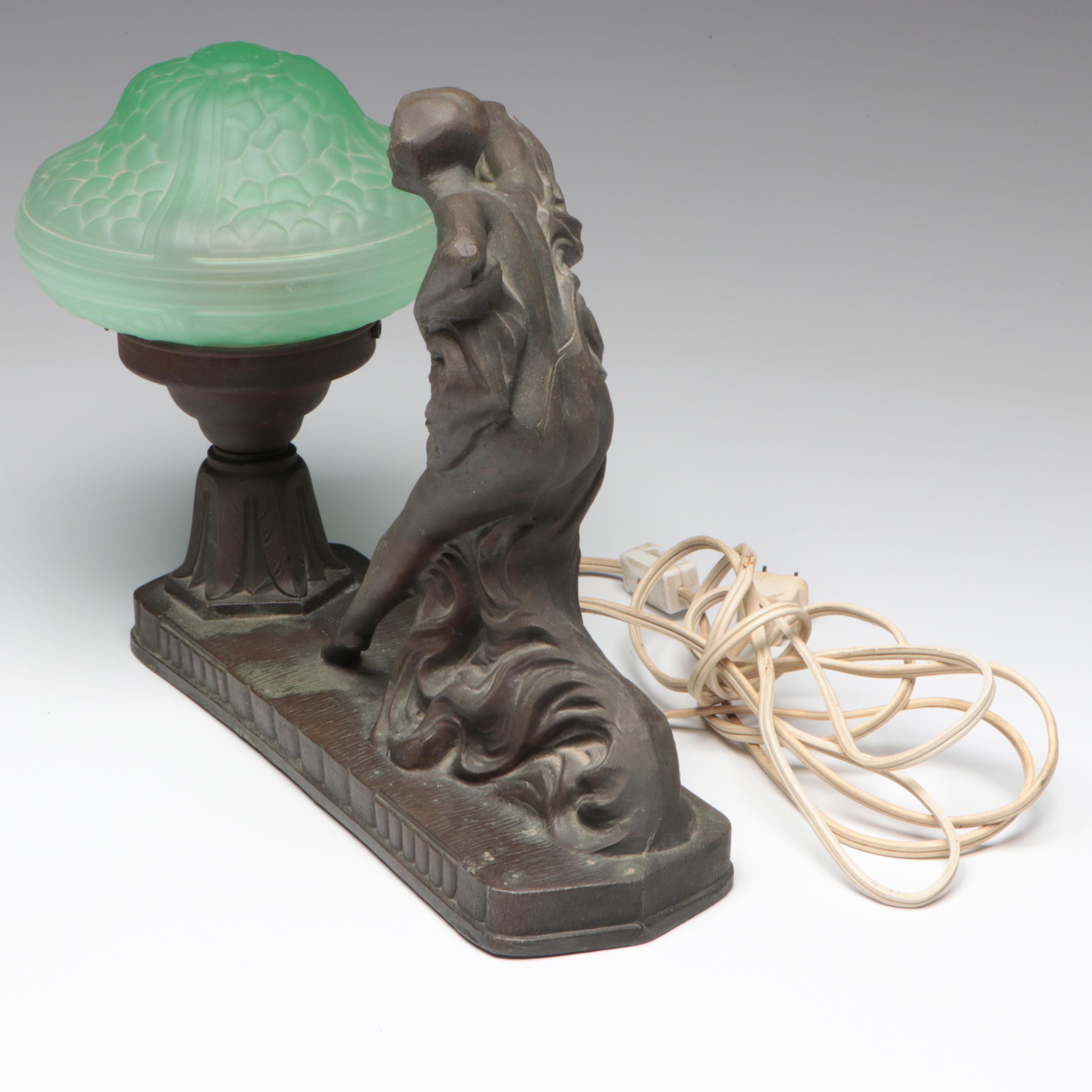 Art Deco Figural Spelter and Uranium Glass Shade Table Lamp