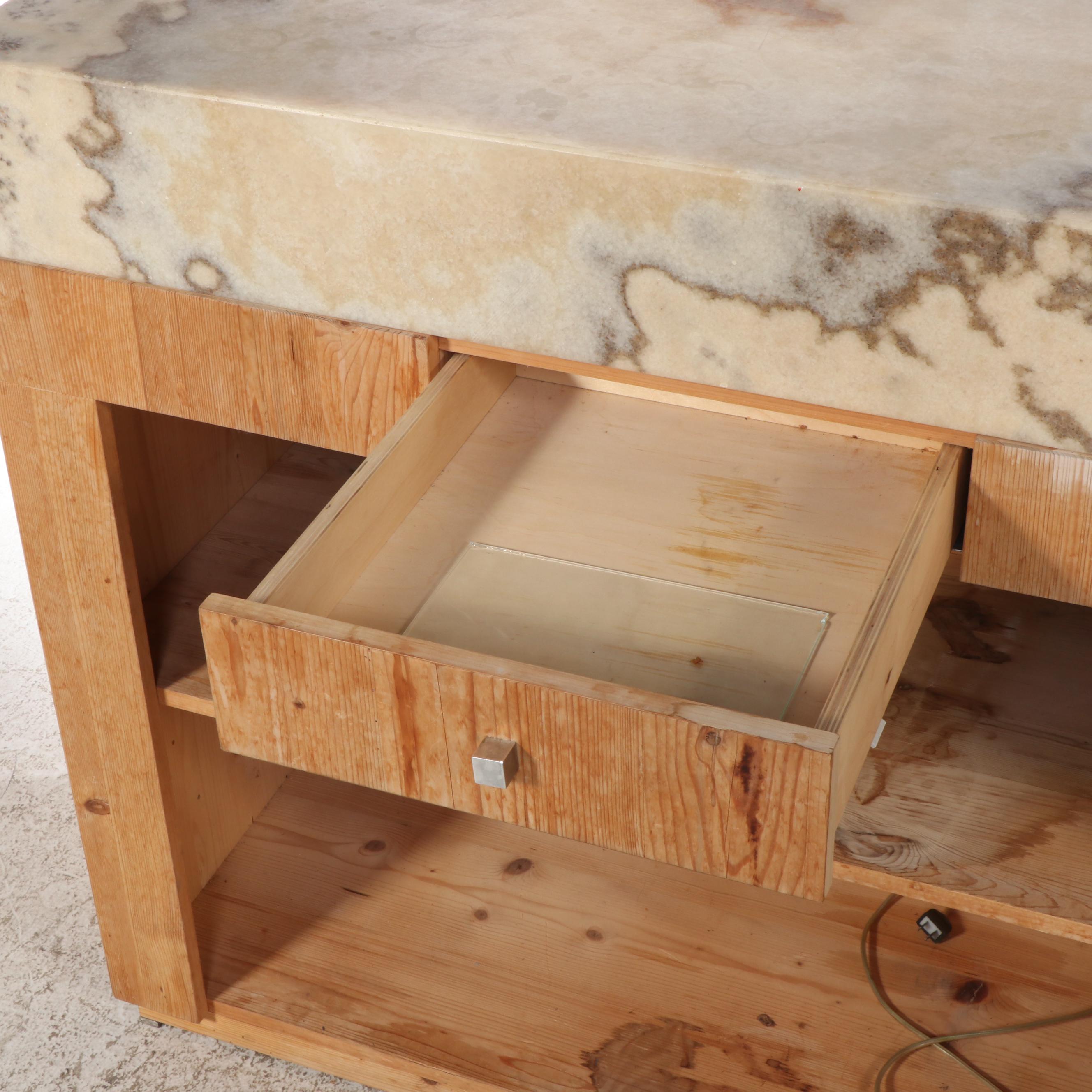 Bespoke Illuminated Calcite Stone Top Pine Bar, Late 20th Century