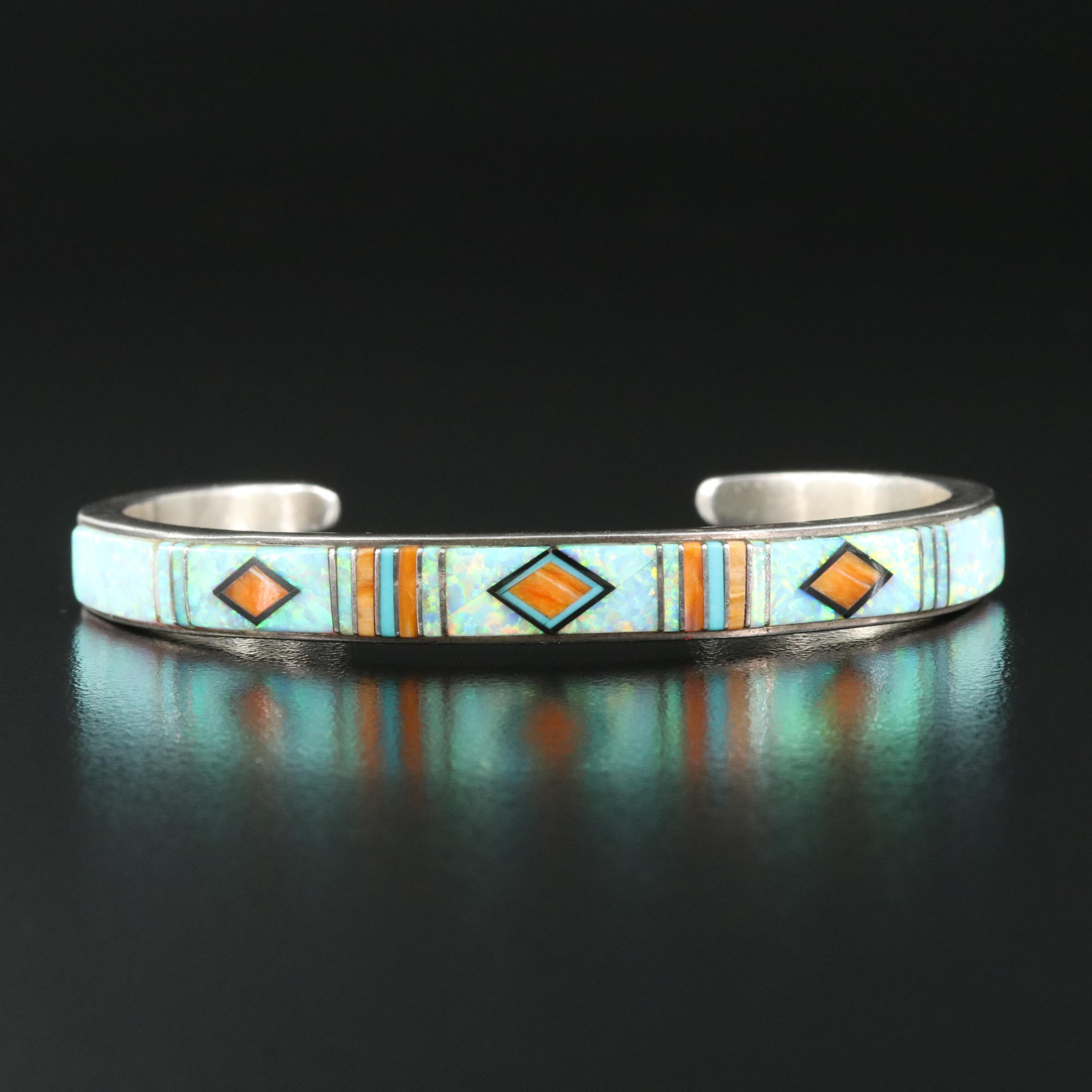 Calvin Begay Navajo Diné Sterling Multi-Gemstone Inlay Cuff Bracelet