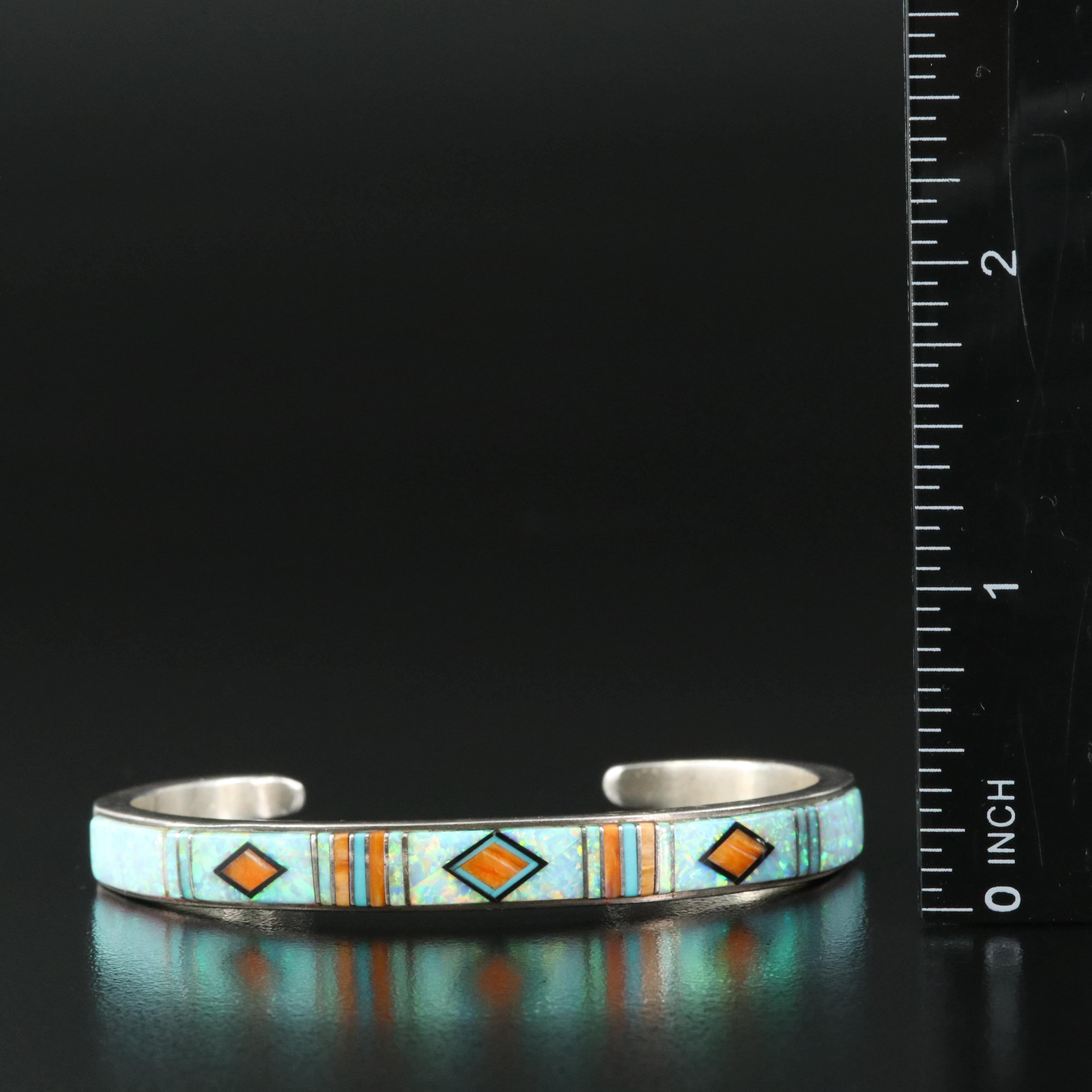 Calvin Begay Navajo Diné Sterling Multi-Gemstone Inlay Cuff Bracelet